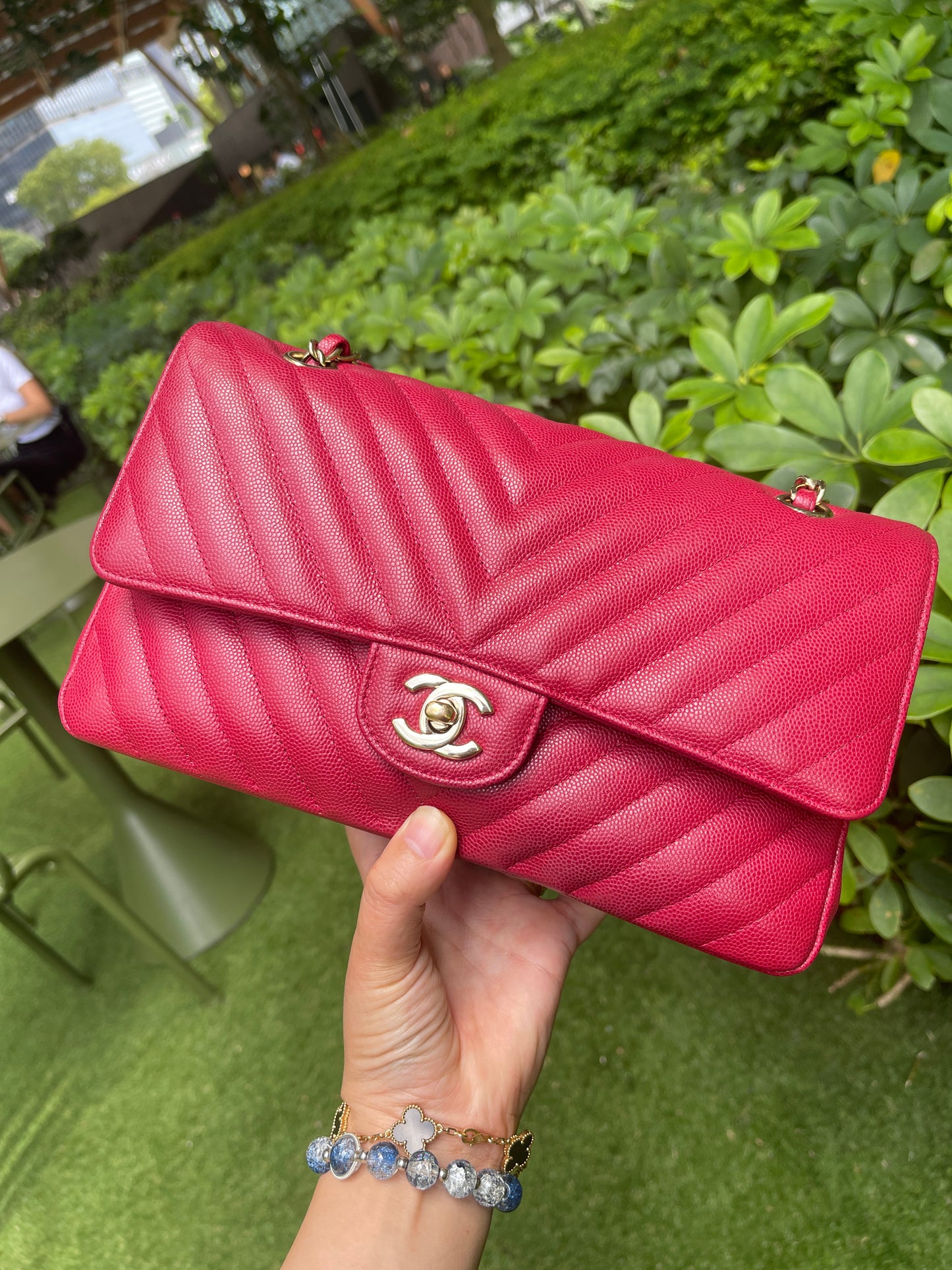 Chanel Medium Chevron Rosy Red Caviar Gold Hardware 18B