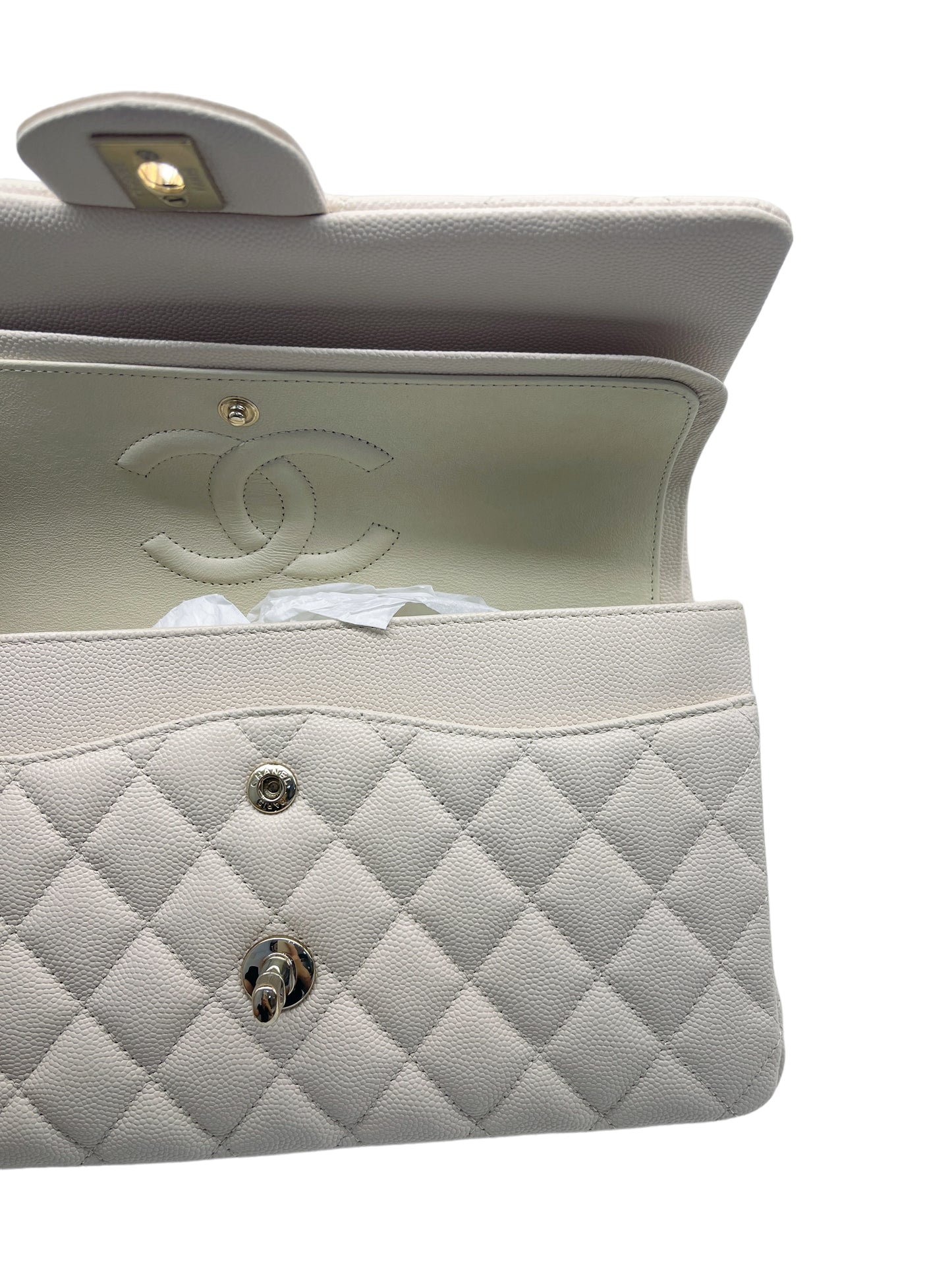 Chanel Medium Classic Quilted Flap Light Ivory Beige Caviar Gold Hardware 20C