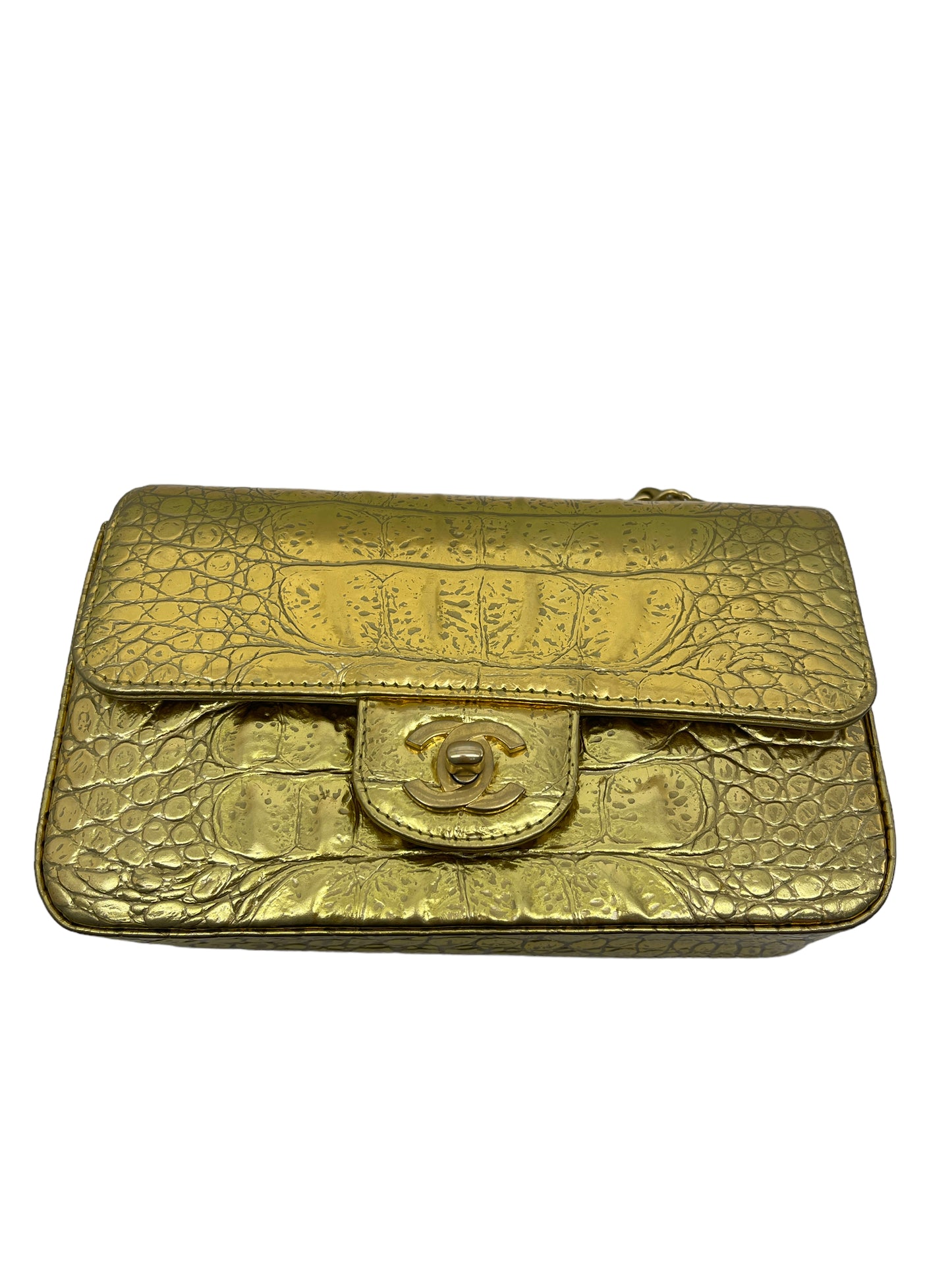 Chanel Flap Bag Metallic Crocodile Emobssed Calfskin Gold-tone Mini Gold