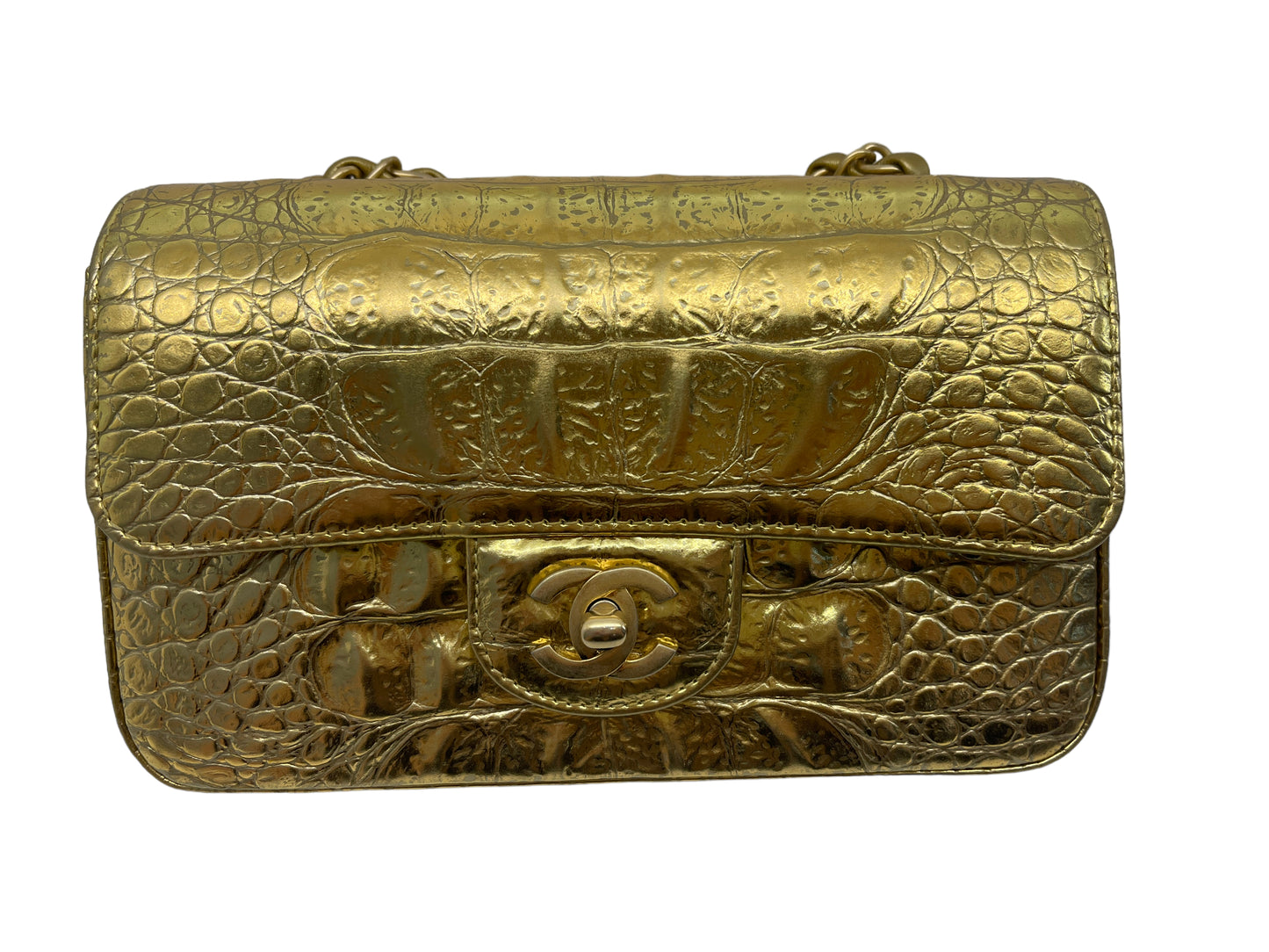 Chanel Flap Bag Metallic Crocodile Emobssed Calfskin Gold-tone Mini Gold