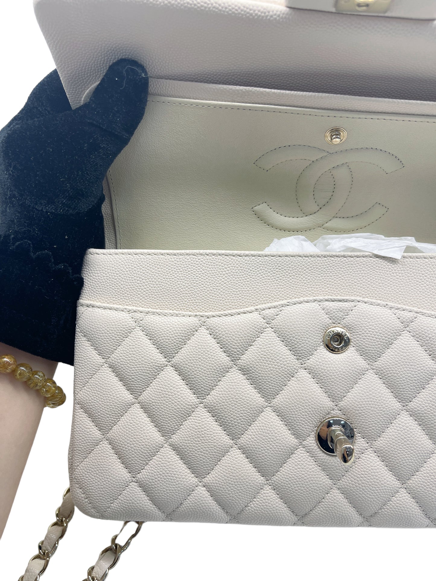 Chanel Medium Classic Quilted Flap Light Ivory Beige Caviar Gold Hardware 20C