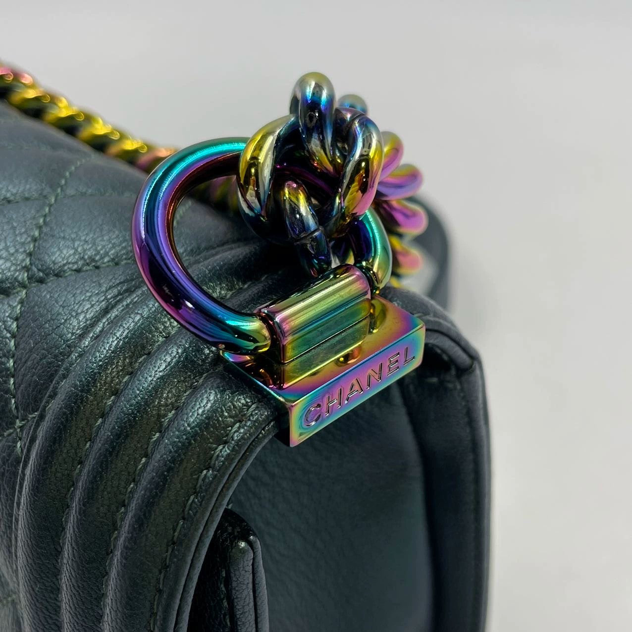 Chanel 16C Iridescent Goatskin Quilted Small Boy Flap Green