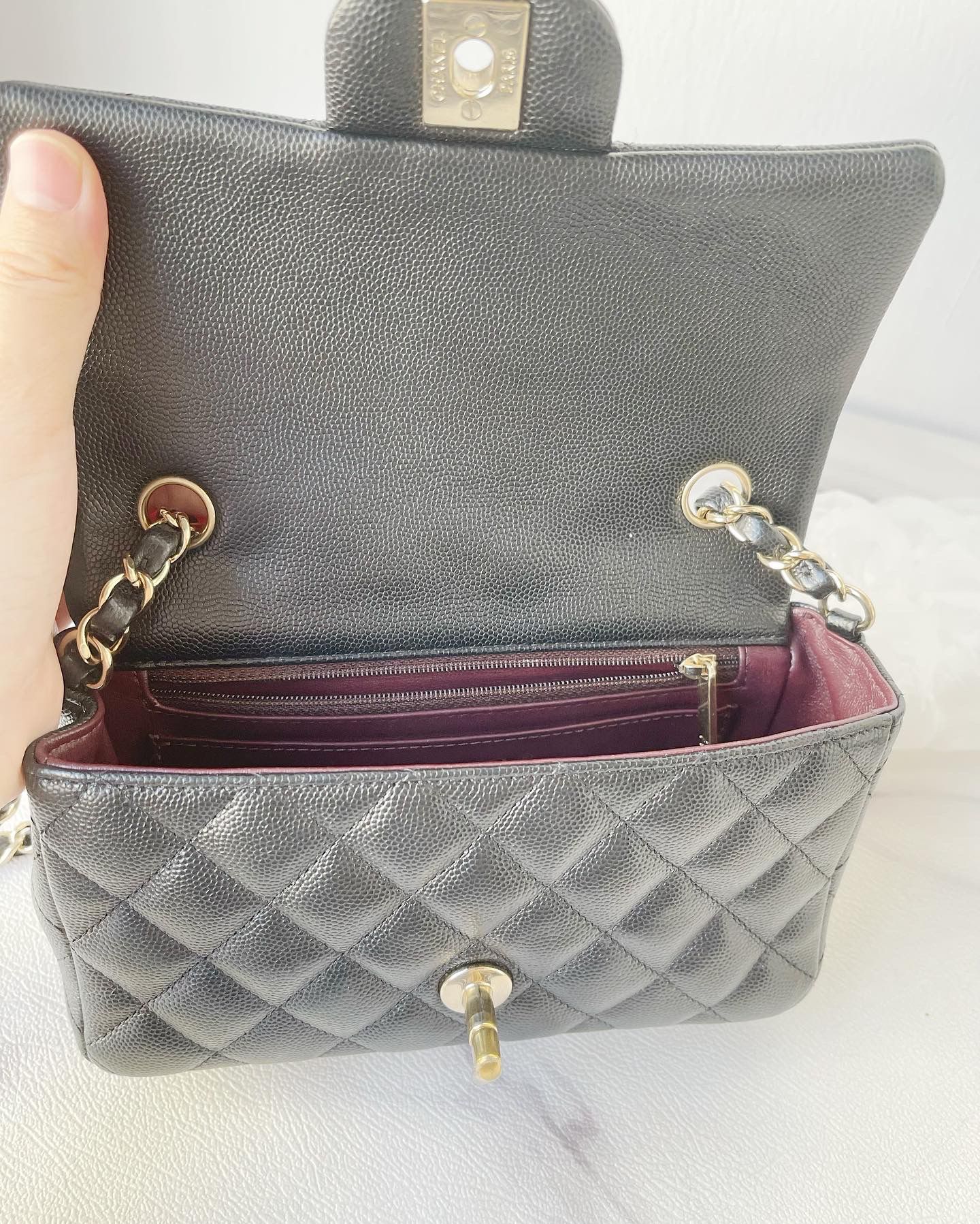 Quilted Mini Rectangular Black Caviar Hardware 17B with Burgundy Red interior