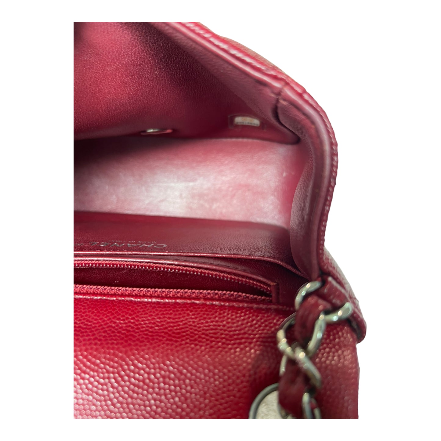 Chanel Quilted Mini Square Flap Red Caviar Silver Hardware 17B