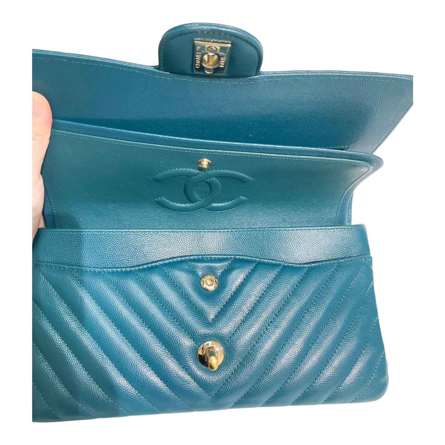 Chanel Classical Medium Chevron Green Gold Hardware 18B