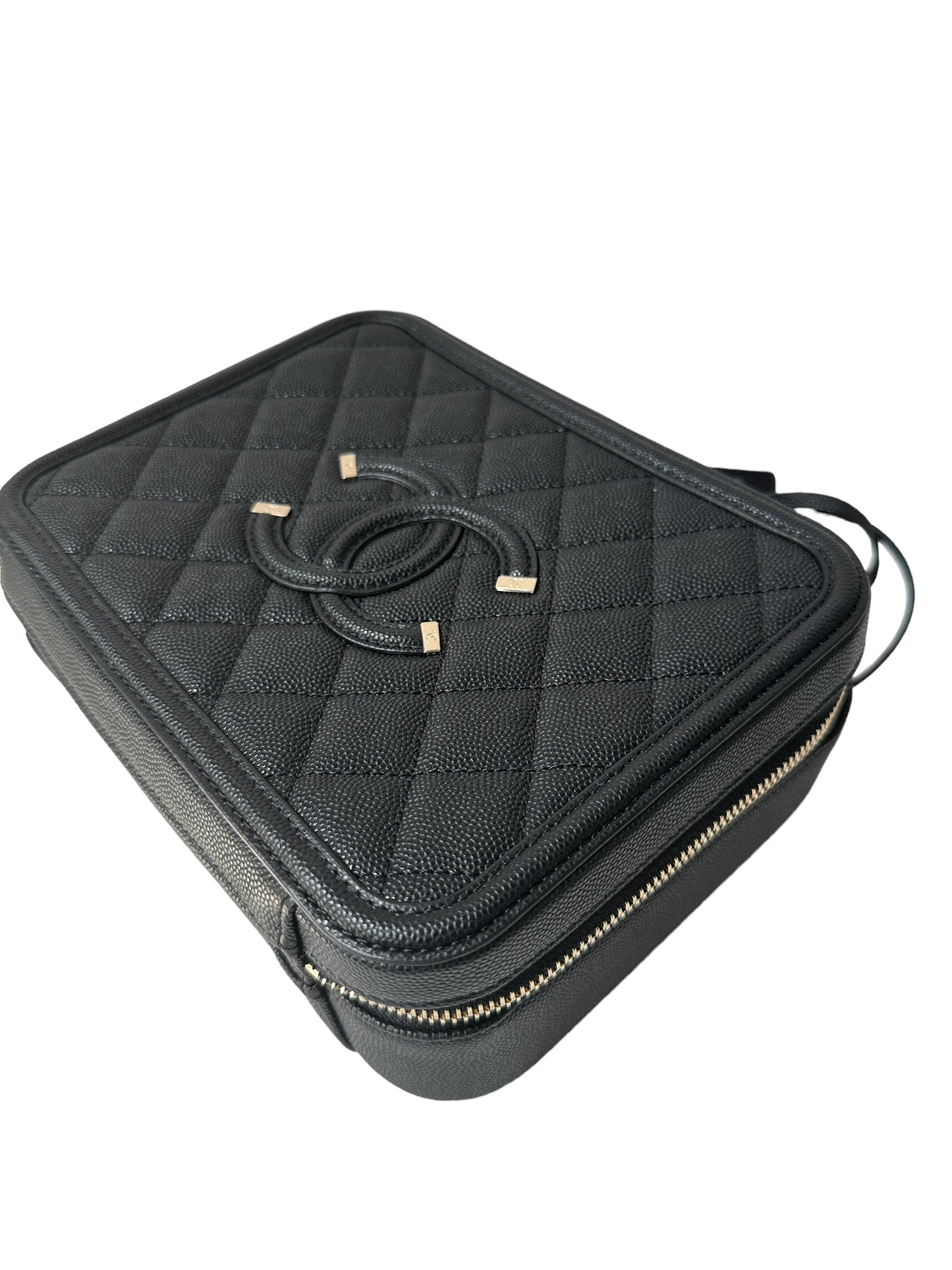 Chanel Quilted Medium CC Filigree Vanity Case Black Caviar Gold Hardware