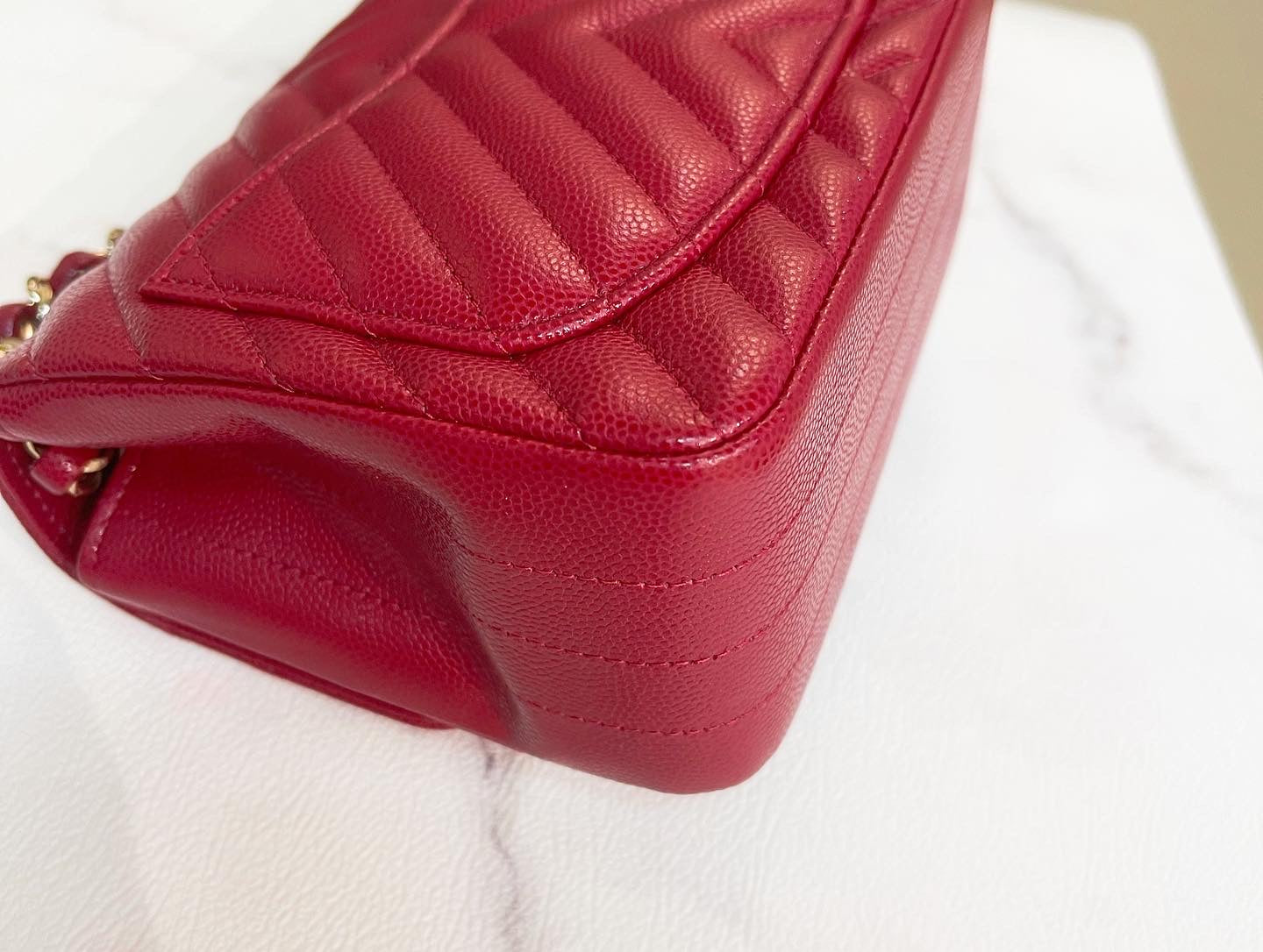 Chanel 18B Mini Square Raspberry Red Chanel Chevron Caviar with light gold hardware