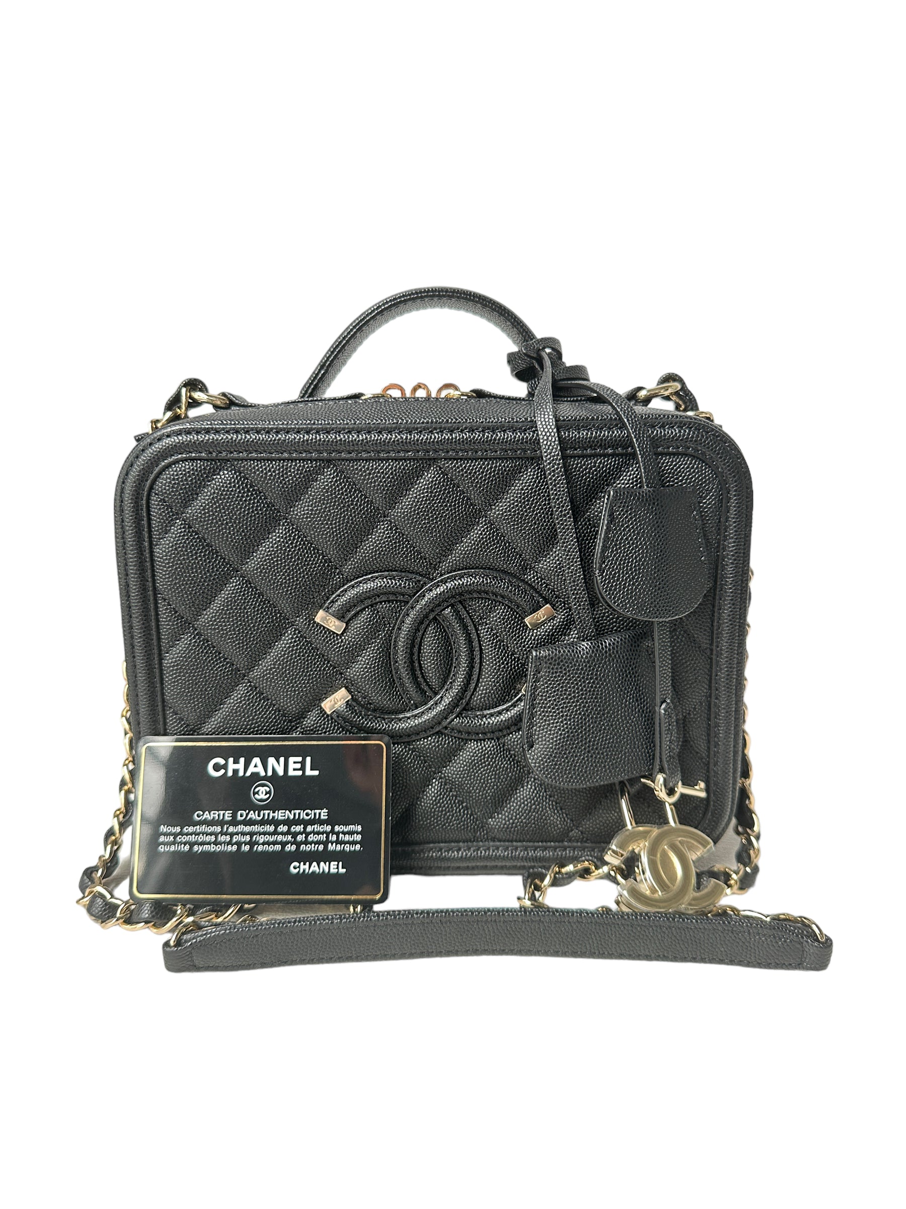 Chanel Quilted Medium CC Filigree Vanity Case Black Caviar Gold