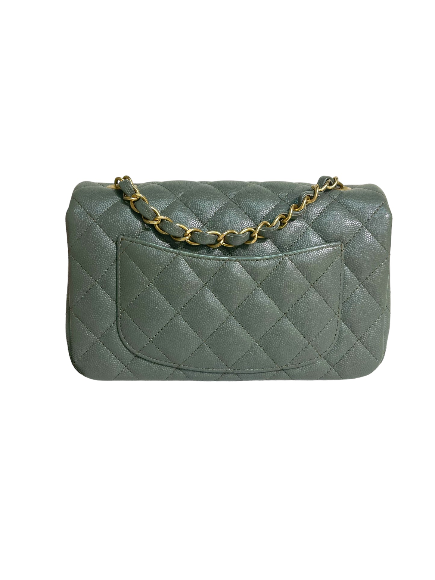CHANEL 18C Iridescent Green Caviar Rectangular Mini Flap Bag Brushed Gold Hardware