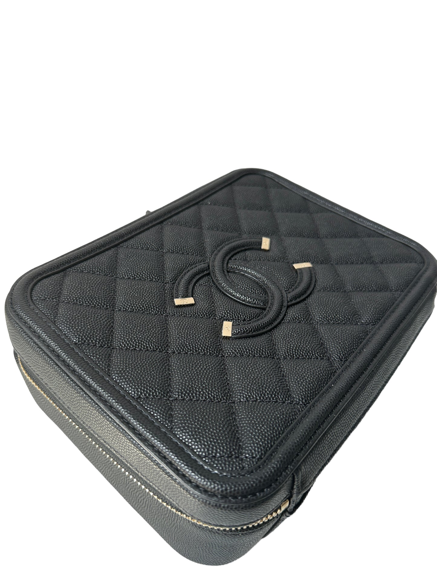 Chanel Quilted Medium CC Filigree Vanity Case Black Caviar Gold Hardware