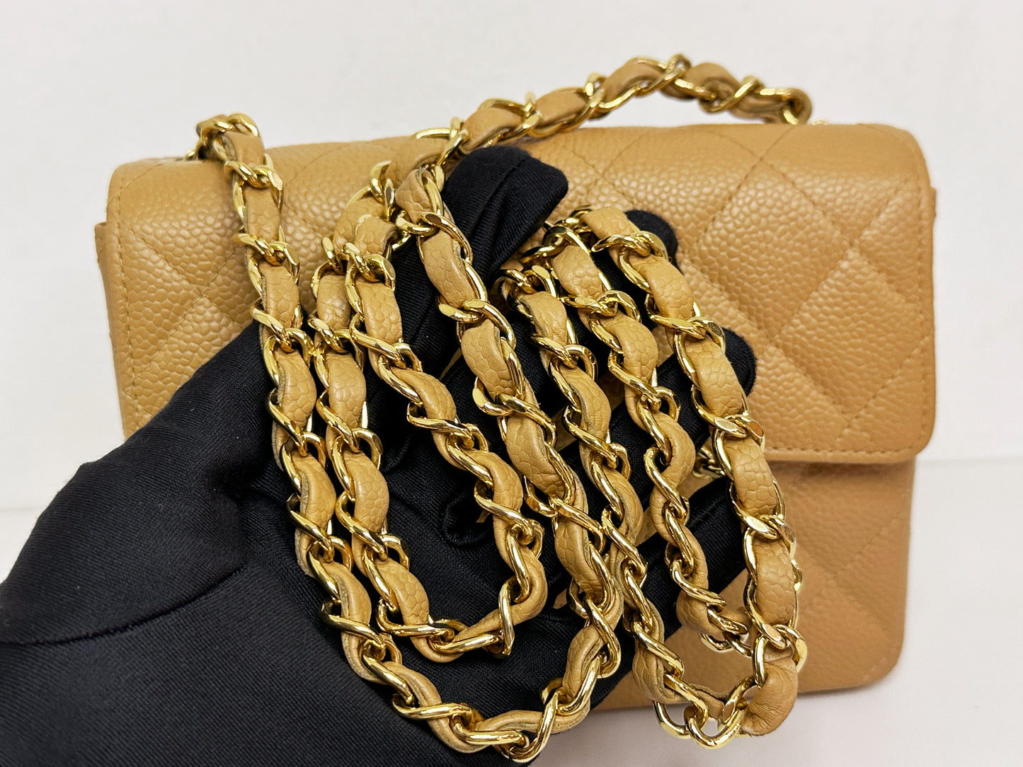 Chanel 24K Gold Mini Square Caviar Classic Flap Chain Shoulder Bag Beige GHW 84 holo card