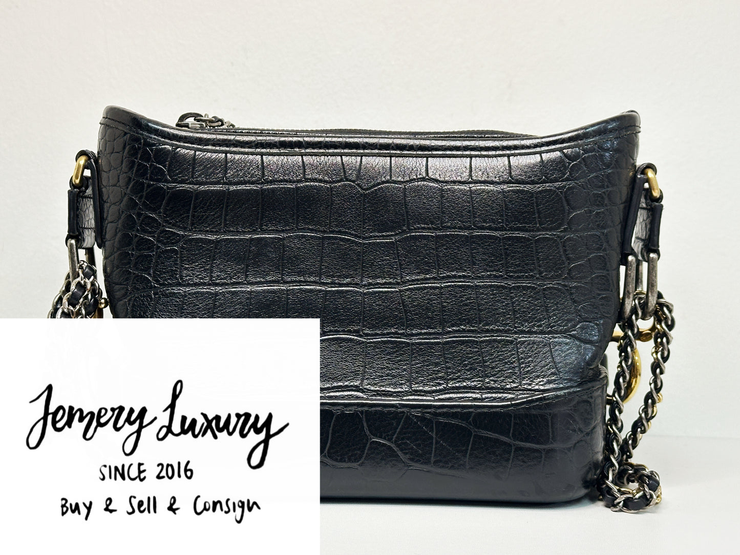 Chanel Small Gabrielle Hobo Bag Crocodile Embossed Calfskin Black 2822 holo card
