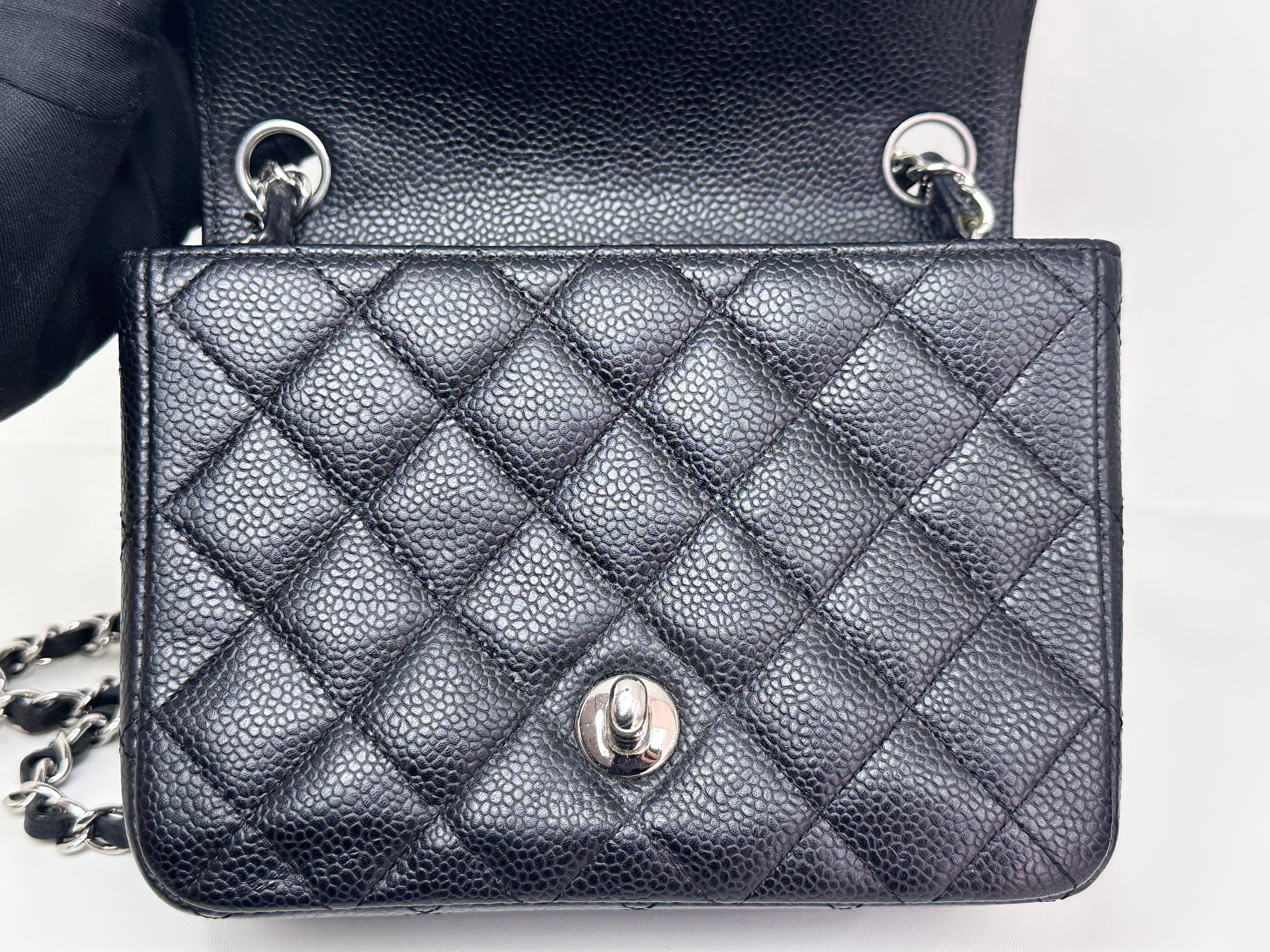 Chanel Mini Square Classic Quilted Caviar Single Flap Bag Black SHW 1184 holo card