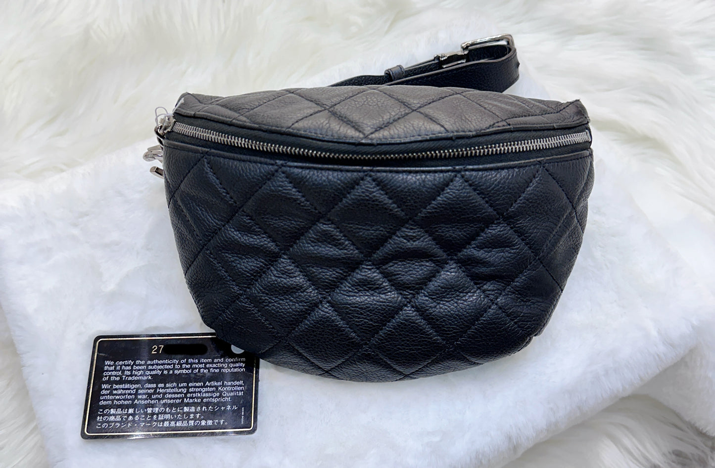 CHANEL Grained Calfskin Quilted Waist Belt Bag Black 2749 holo card