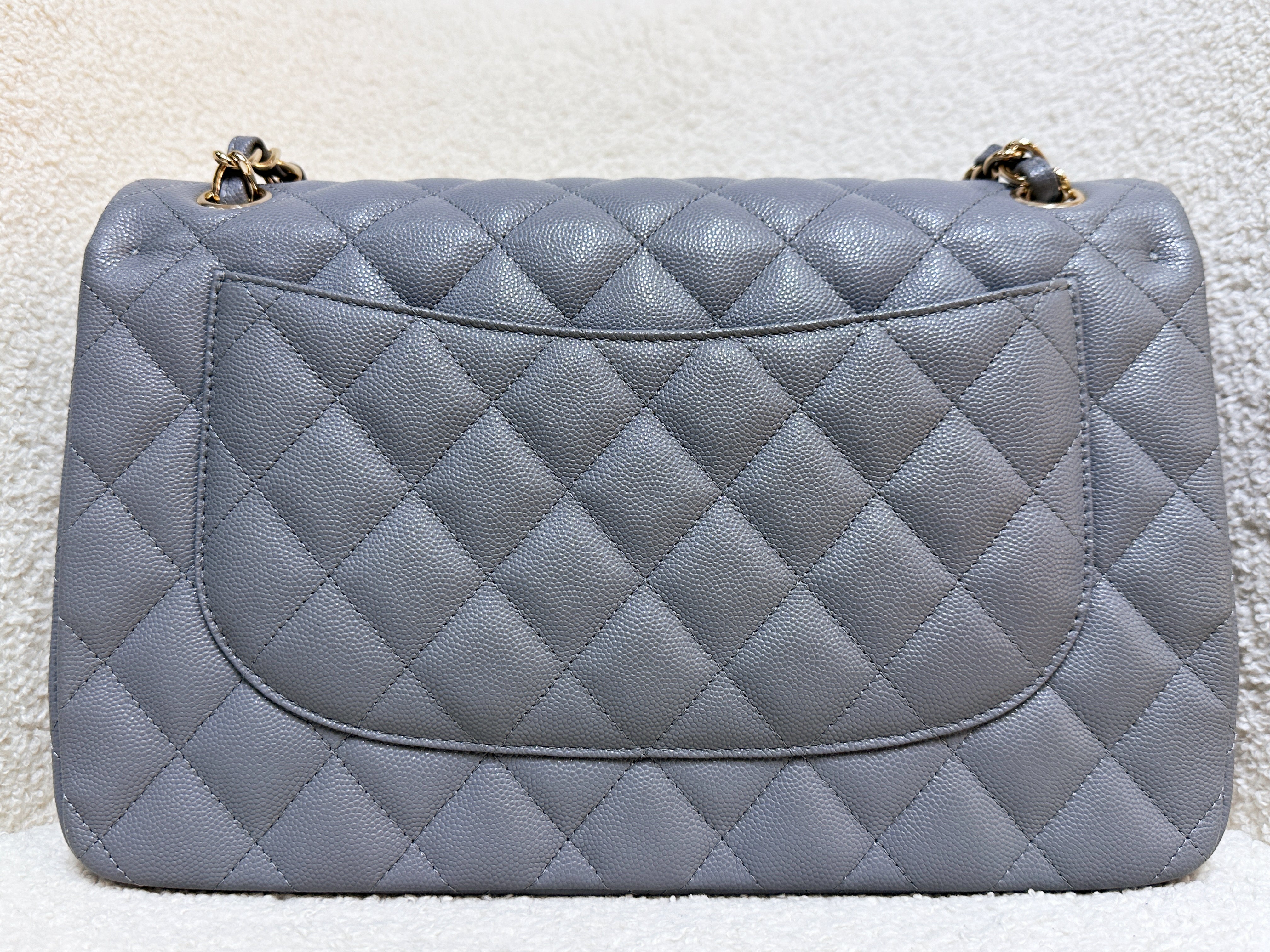 Chanel Jumbo Caviar Classic Quilted Double Flap Bag Light Grey LGHW 2910 holo card