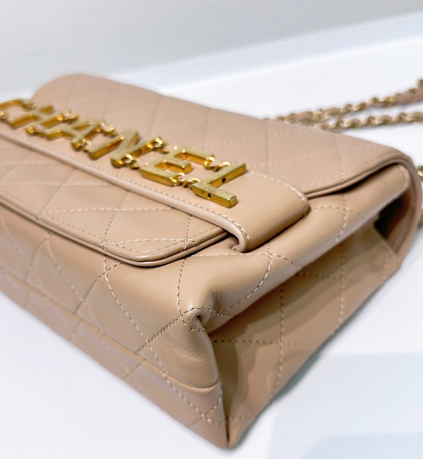Chanel Engraved Flap Dark Beige Lambskin Gold Hardware