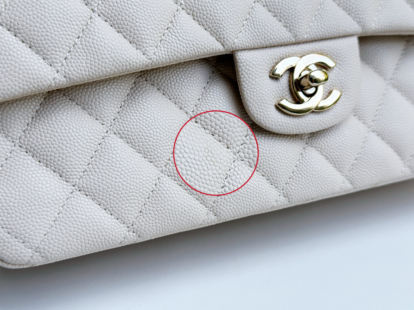 Chanel Medium Caviar Classic Quilted Double Flap Ivory Light Beige Bag LGHW