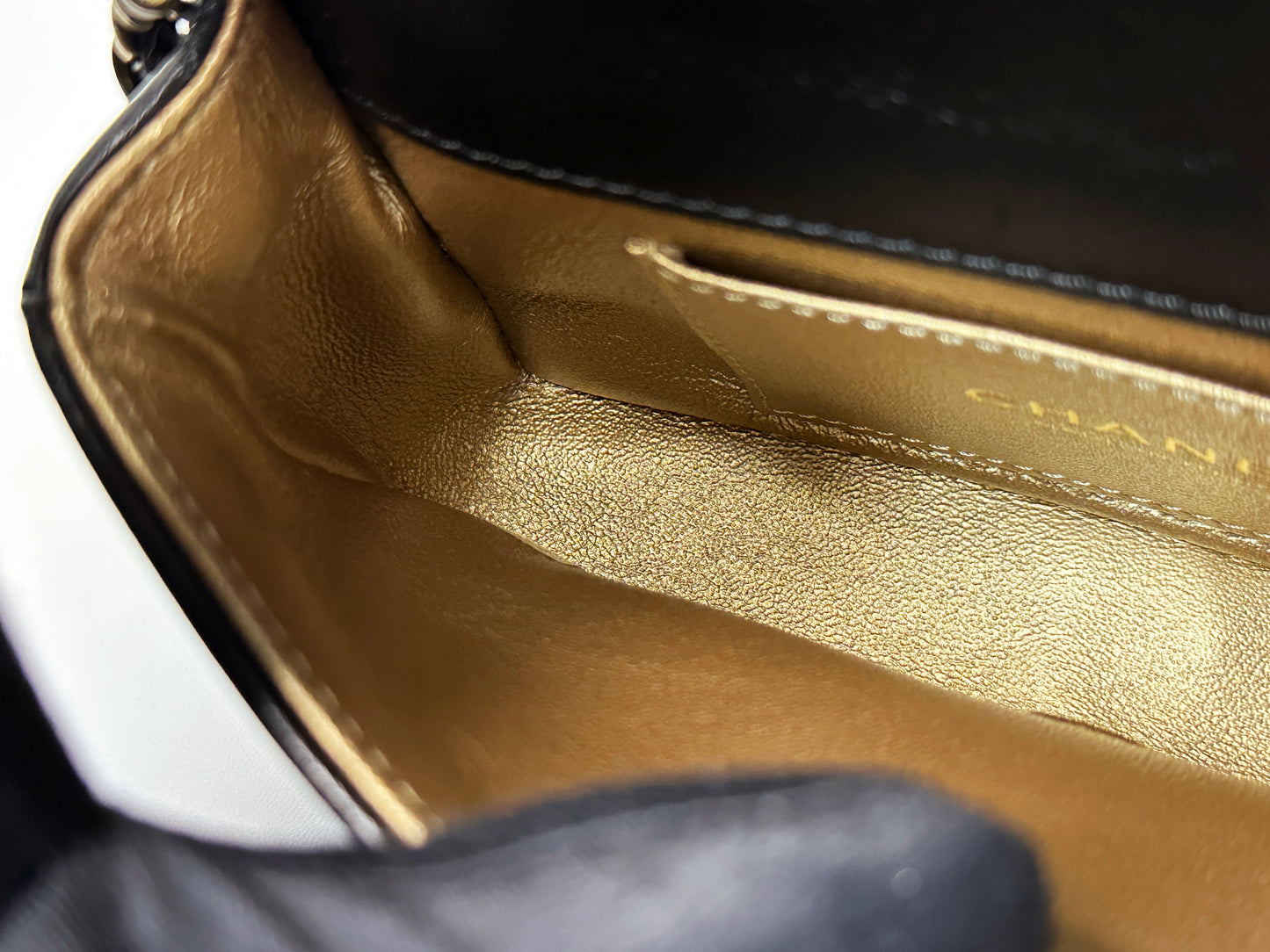 Chanel Mini Metallic Lambskin Quilted Camellia Flap Bag Black Gold 2479 holo card