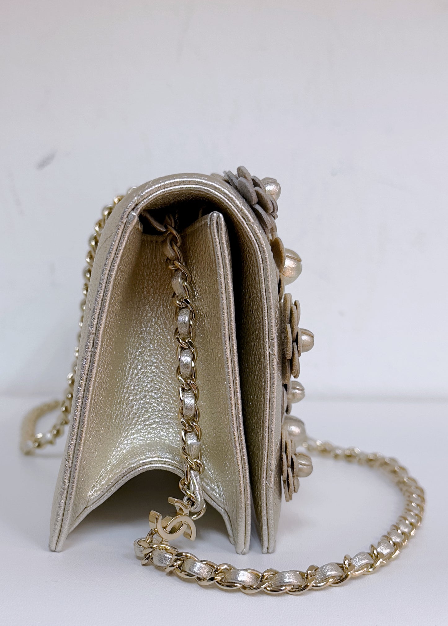 Gold Camellia Embellished Chain Clutch GHW 2728 holo card