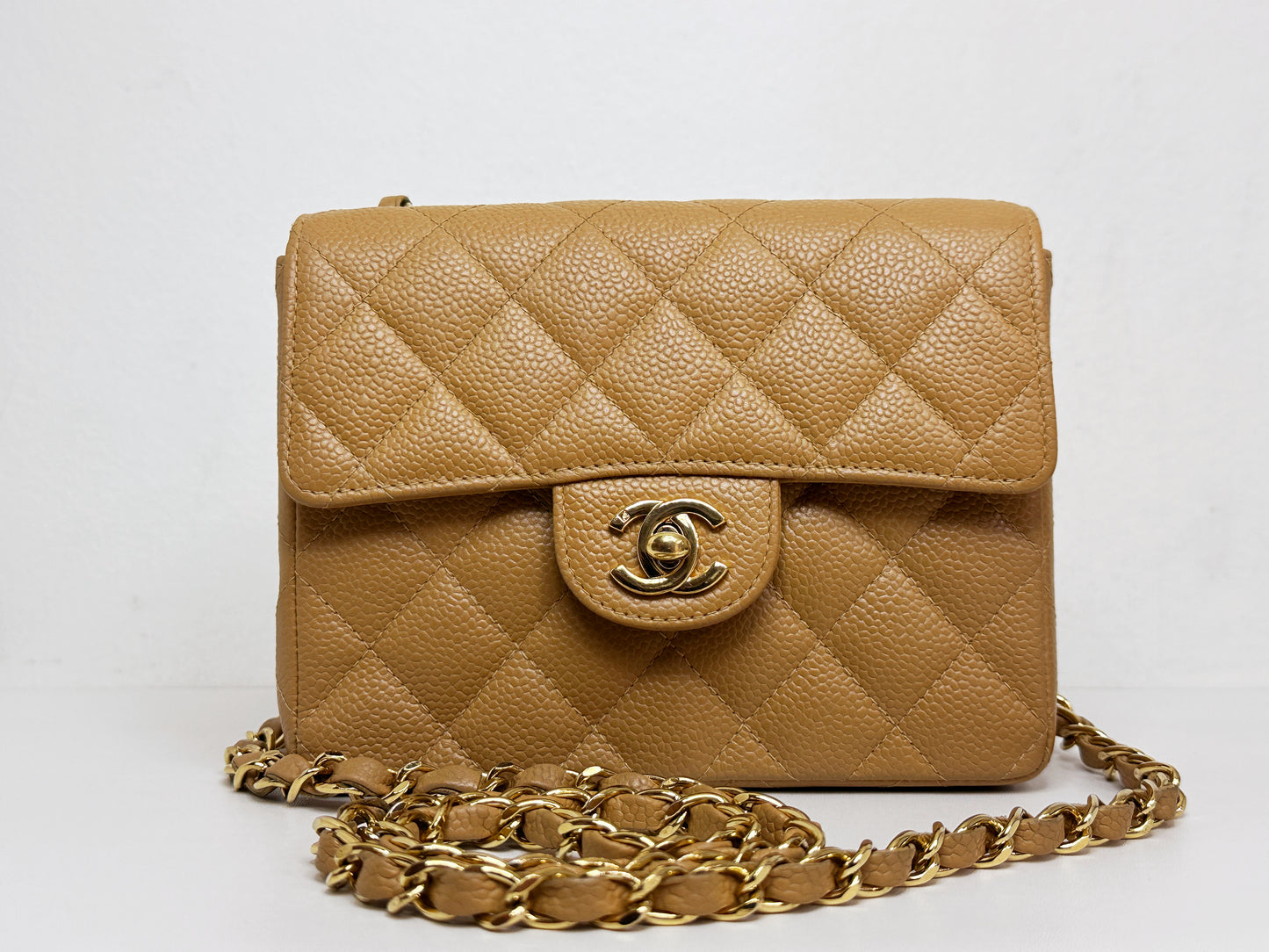 Chanel 24K Gold Mini Square Caviar Classic Flap Chain Shoulder Bag Beige GHW 84 holo card