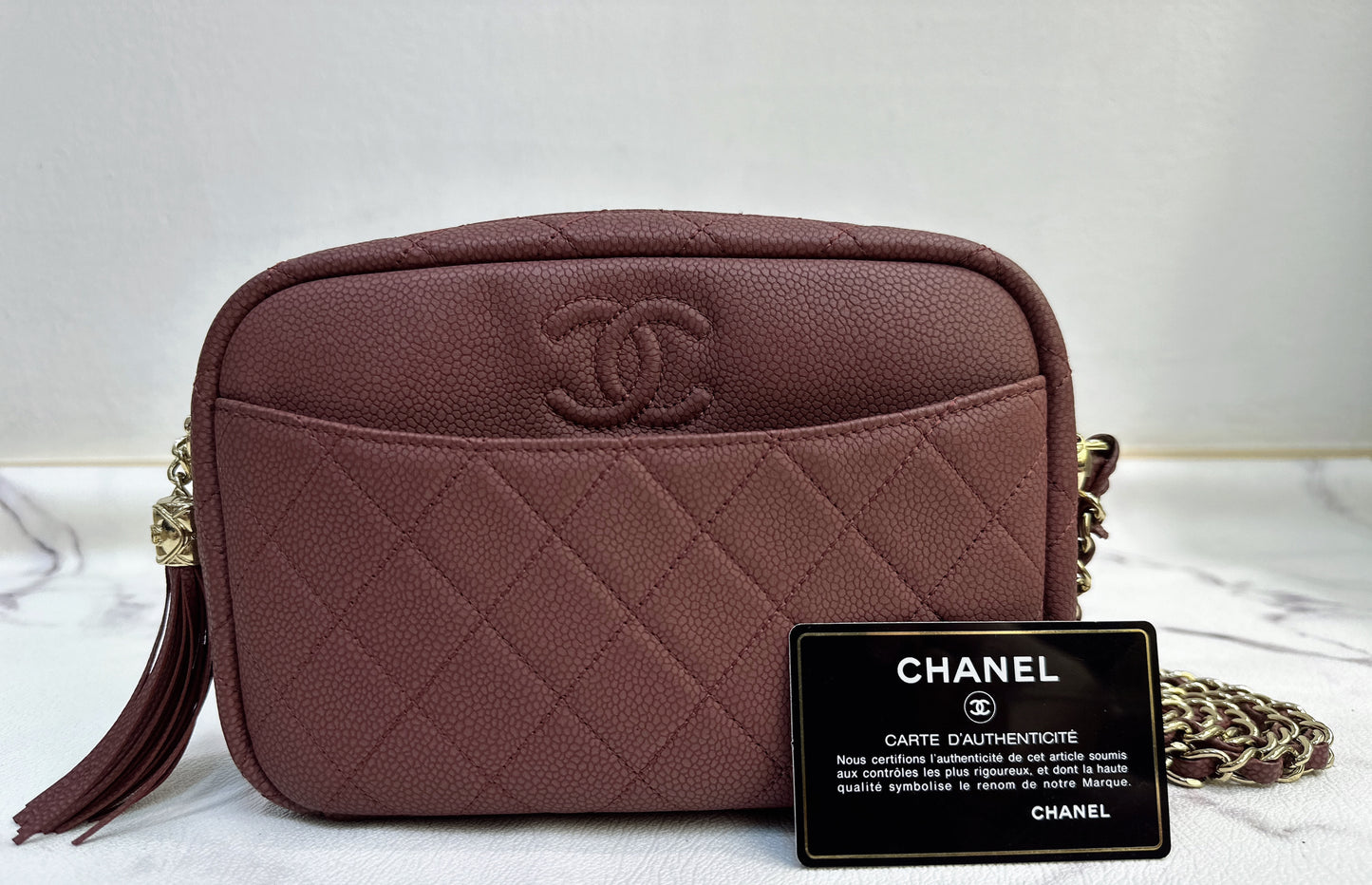 CHANEL Caviar Quilted Mini Coco Tassel Camera Case Burgundy