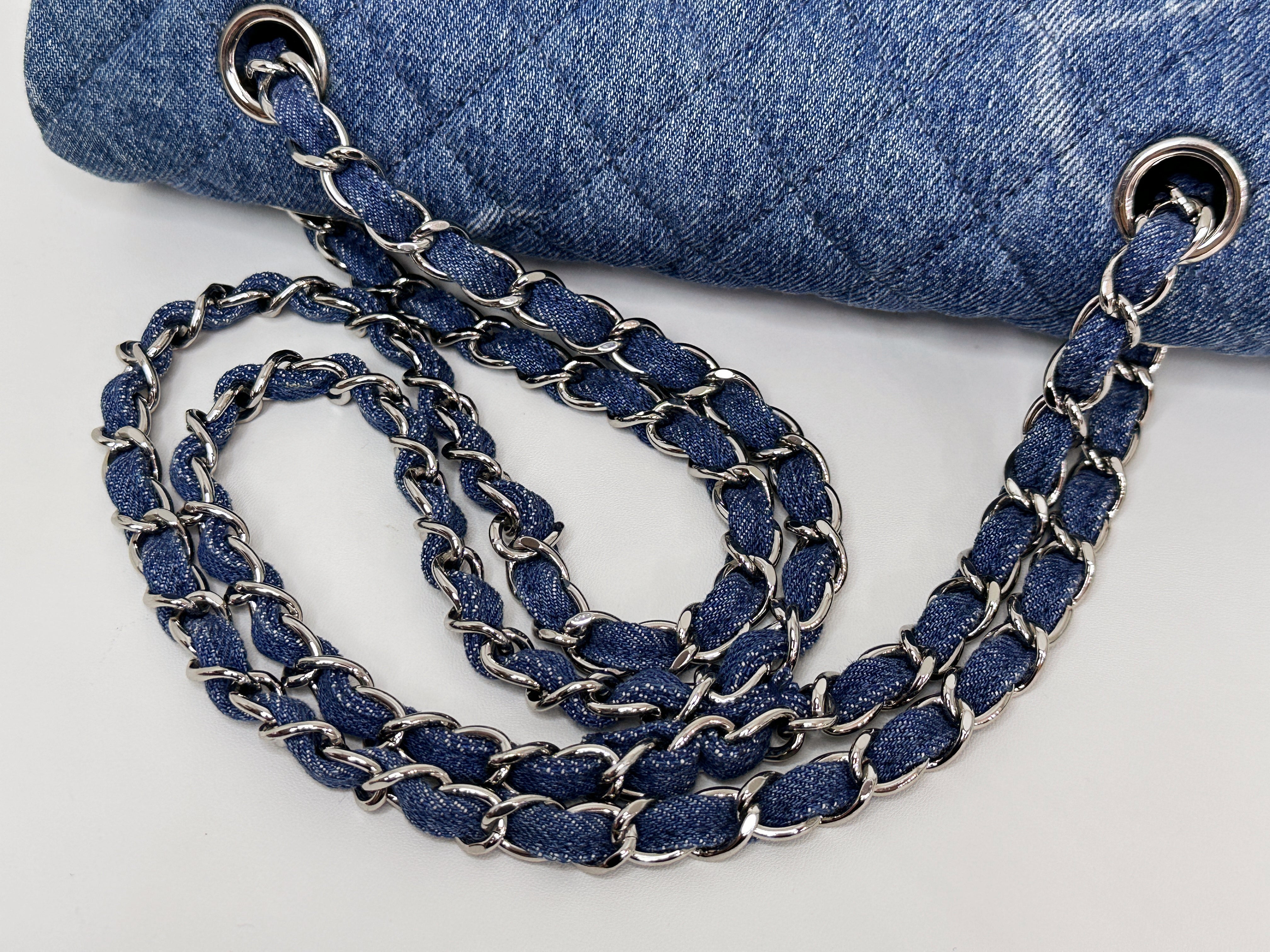 Chanel 20B Medium Blue Denim Quilted CC Single Flap SHW 3045 holo card