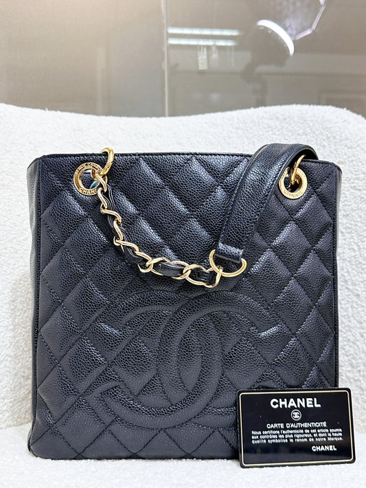 Chanel Caviar Quilted Petit Shopping Tote PST Black GHW 1975 holo card