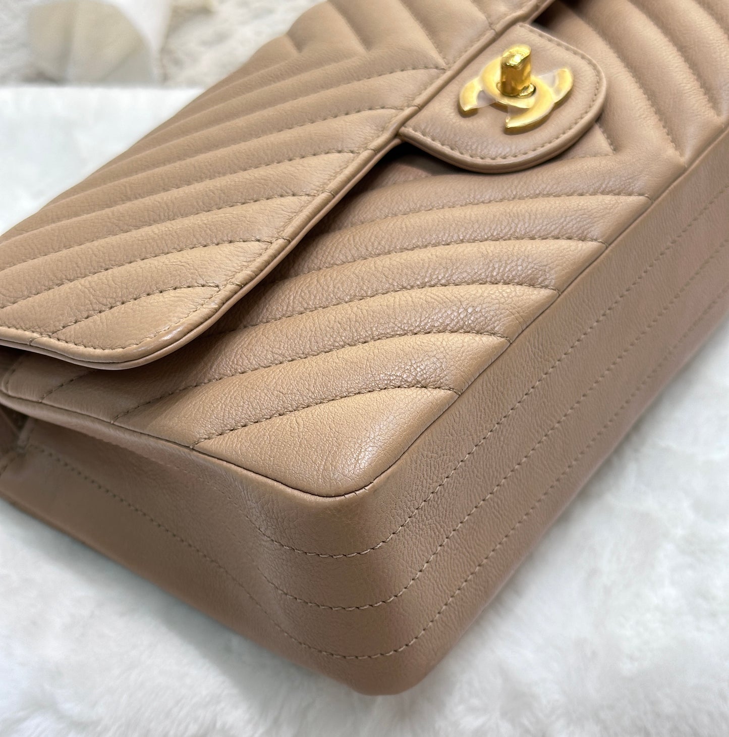 Chanel Classic Medium Beige Chevron Calfskin with Gold Hardware