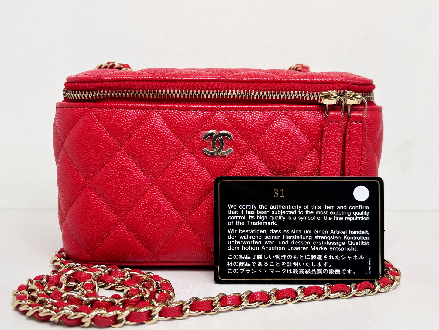 Chanel Caviar Quilted Small Vanity Case With Chain Red 3181 holo card