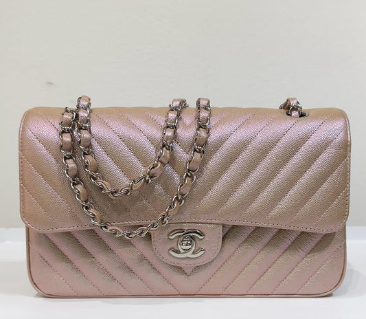 Chanel Medium Classic Chevron Caviar Double Flap 17B Rose Gold SHW