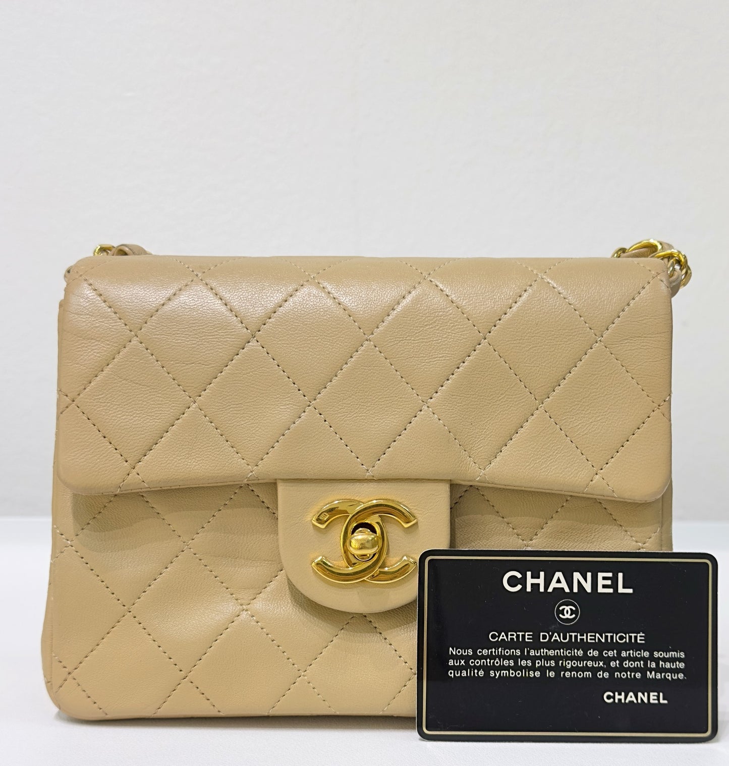 Chanel Mini Square Vintage Lambskin Chain Shoulder Bag Beige