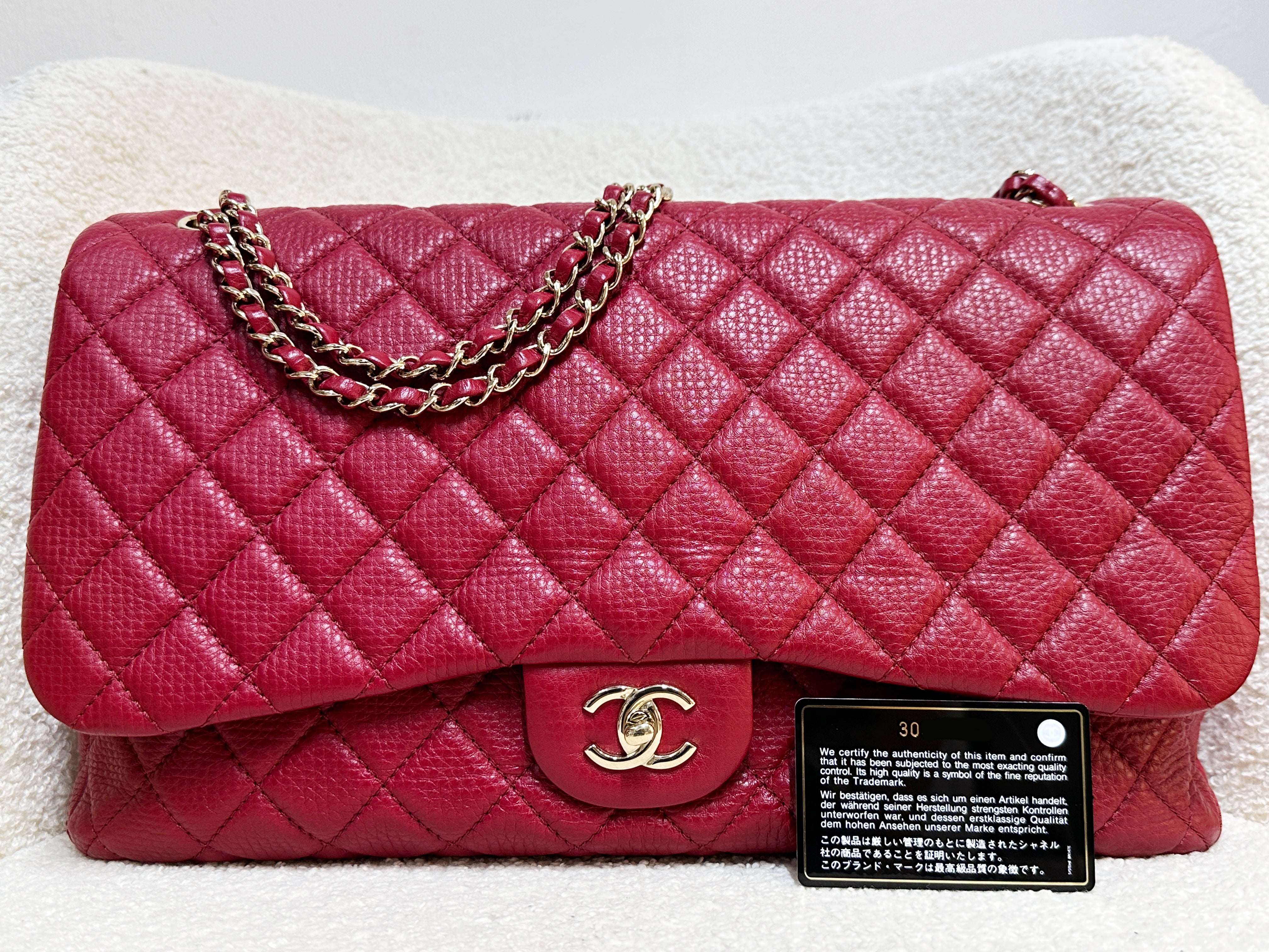 Chanel Red Grained Calfskin XL Small Travel Flap Bag Light Gold Hardware