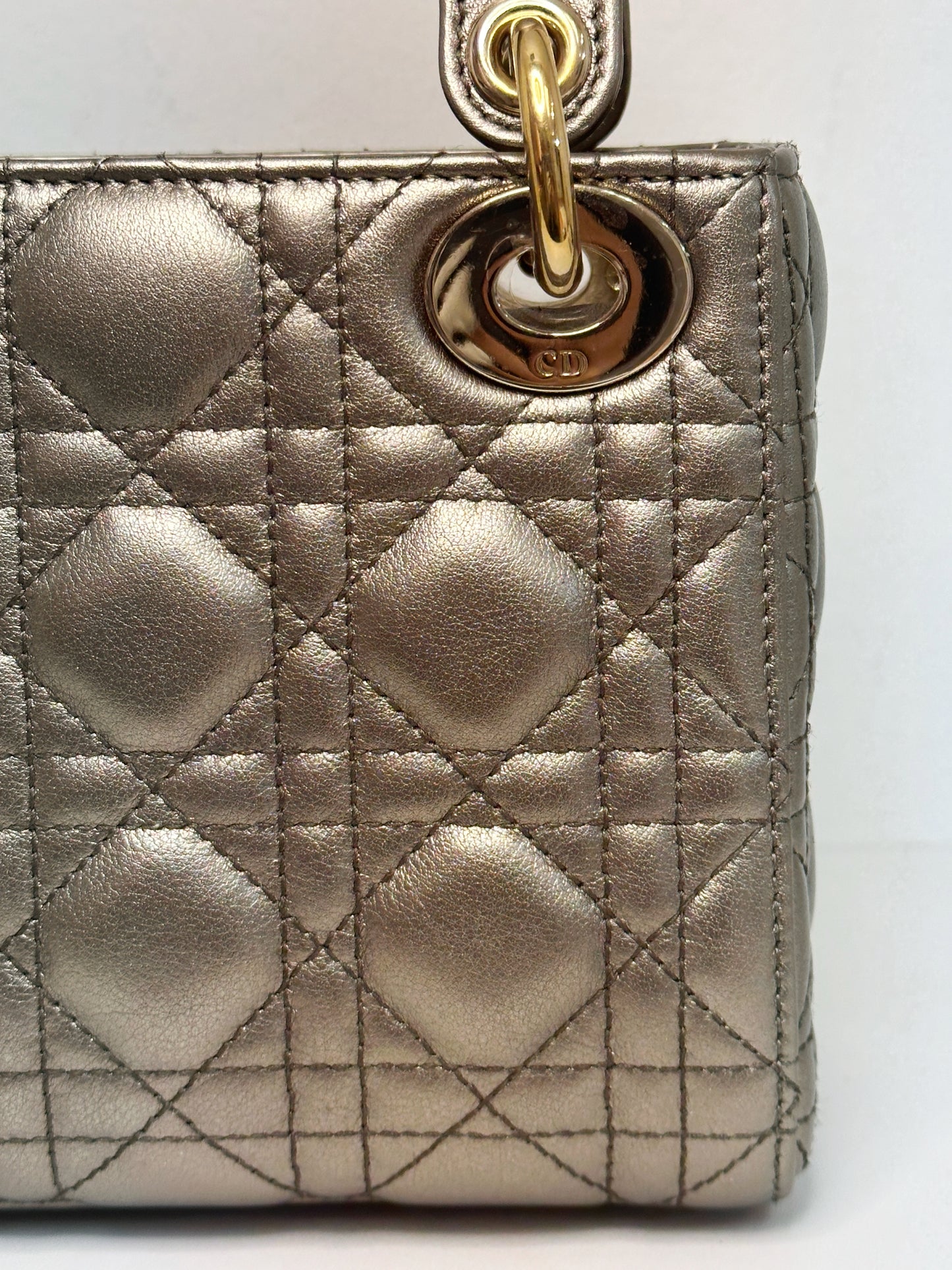 CHRISTIAN DIOR LADY MINI CALFSKIN CANNAGE BRONZE METALLIC GOLDEN HARDWARE CHAIN STRAP