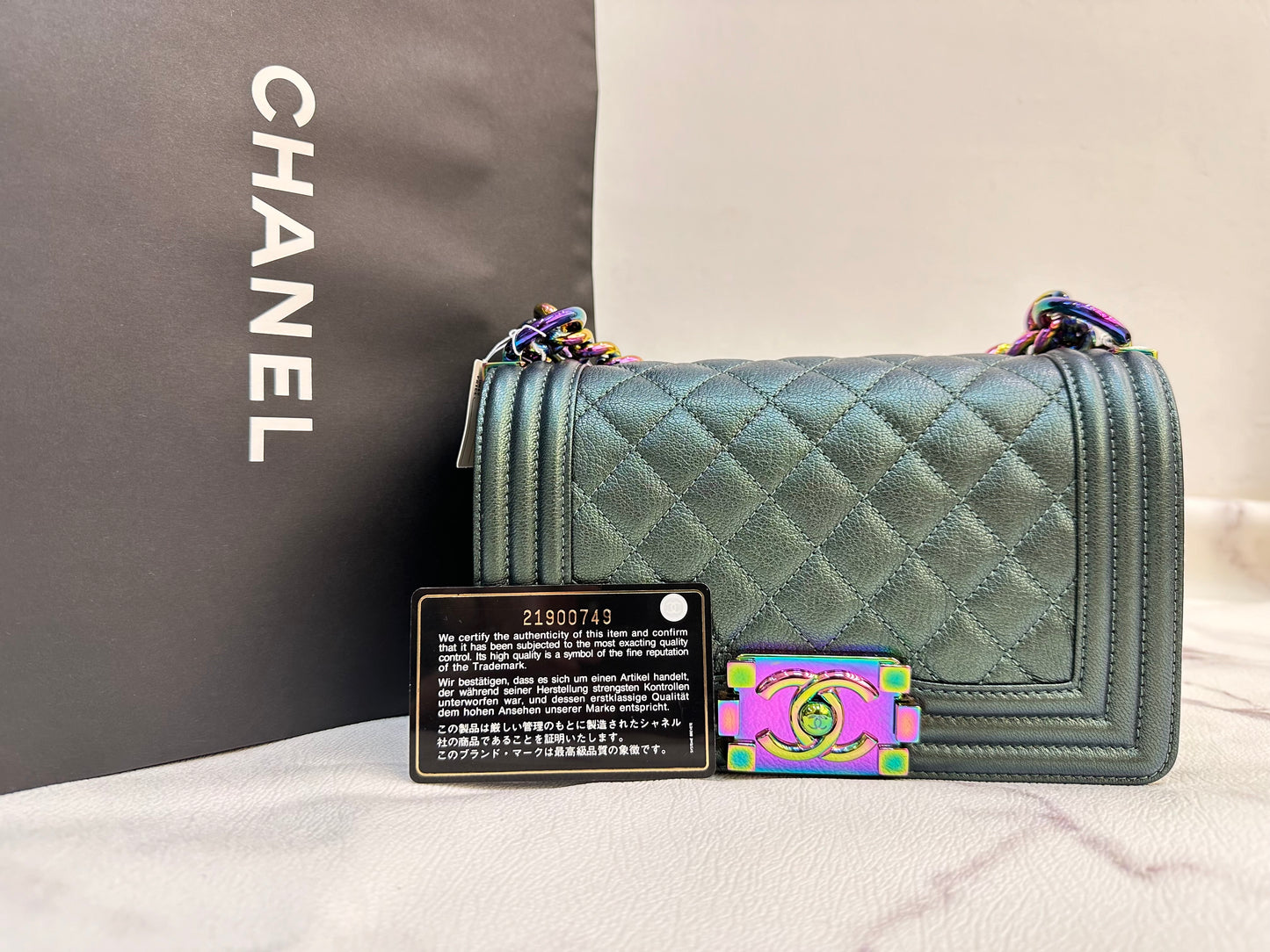 CHANEL Iridescent Goatskin Quilted Small Boy Flap Green