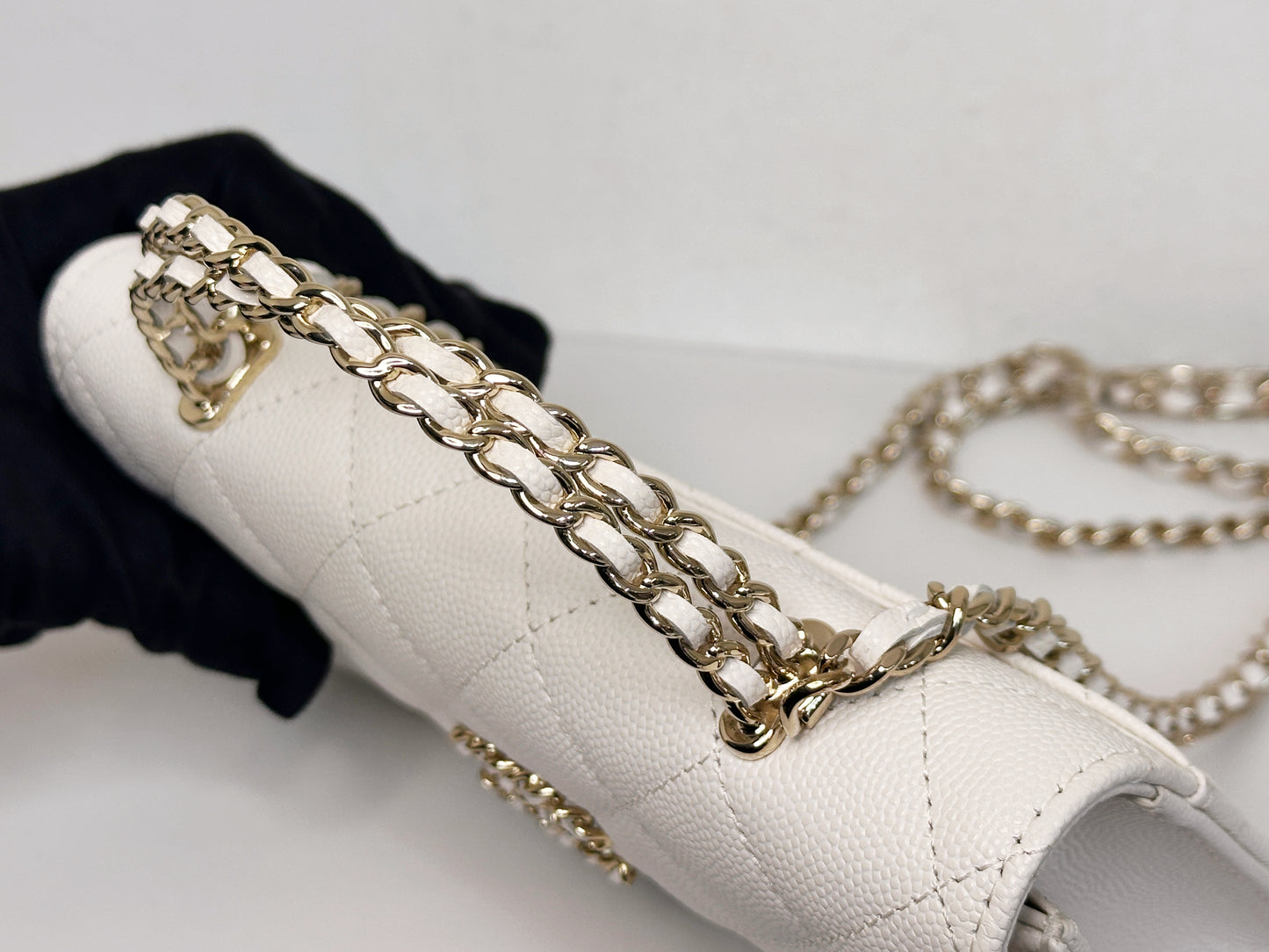 Chanel 23P Top Handle Kelly Clutch with Chain in White Caviar GHW