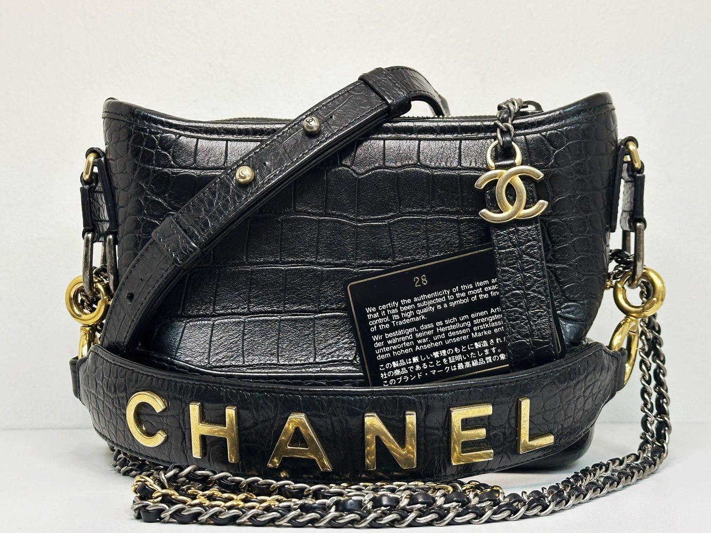Chanel Small Gabrielle Hobo Bag Crocodile Embossed Calfskin Black 2822 holo card