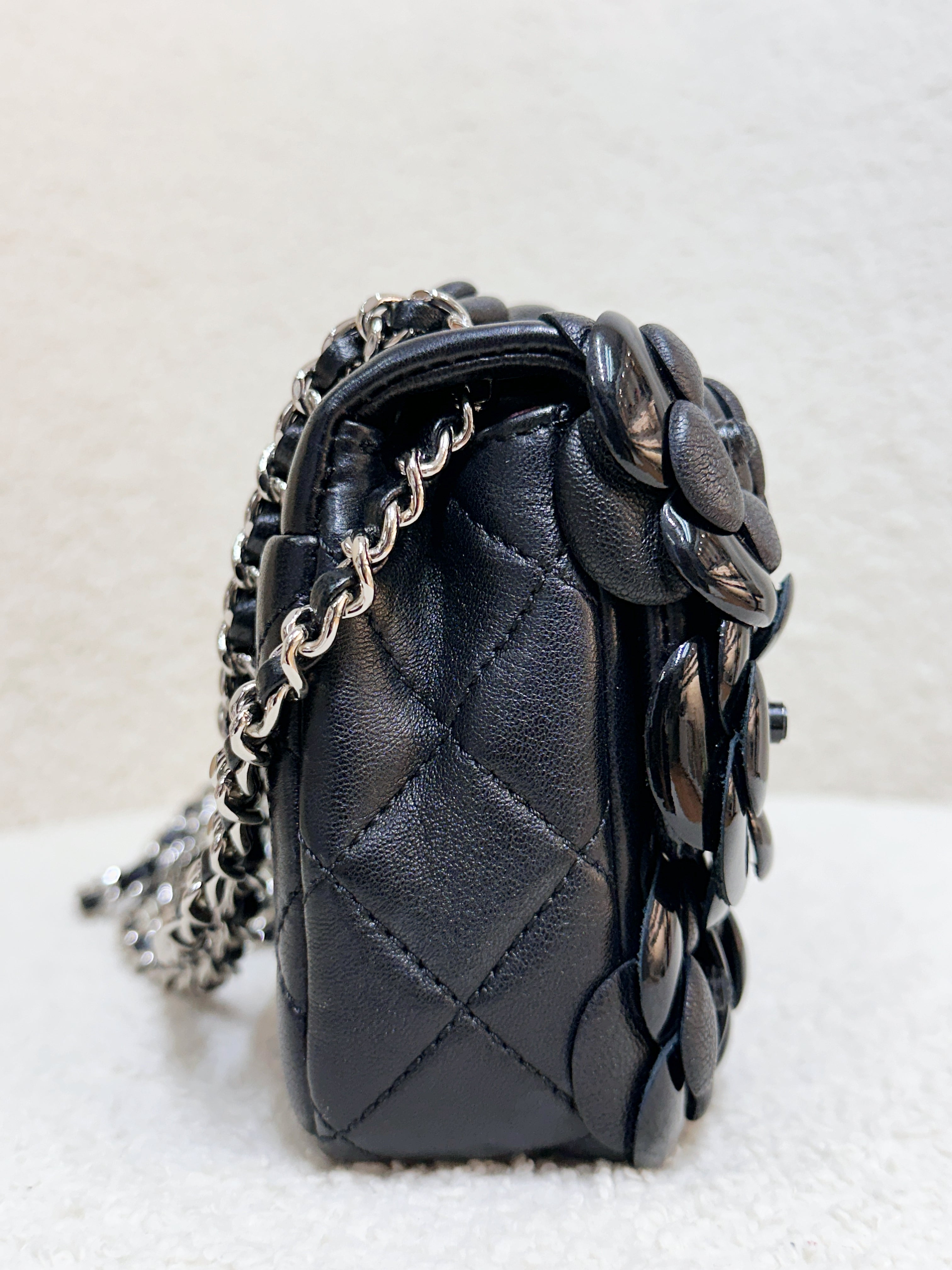 Chanel Mini Rectangular Camellia Flap Bag Black Lambskin and Patent Silver Hardware