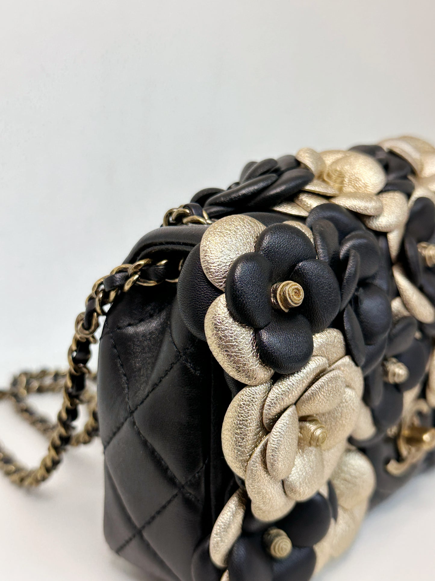 Chanel Mini Metallic Lambskin Quilted Camellia Flap Bag Black Gold 2479 holo card