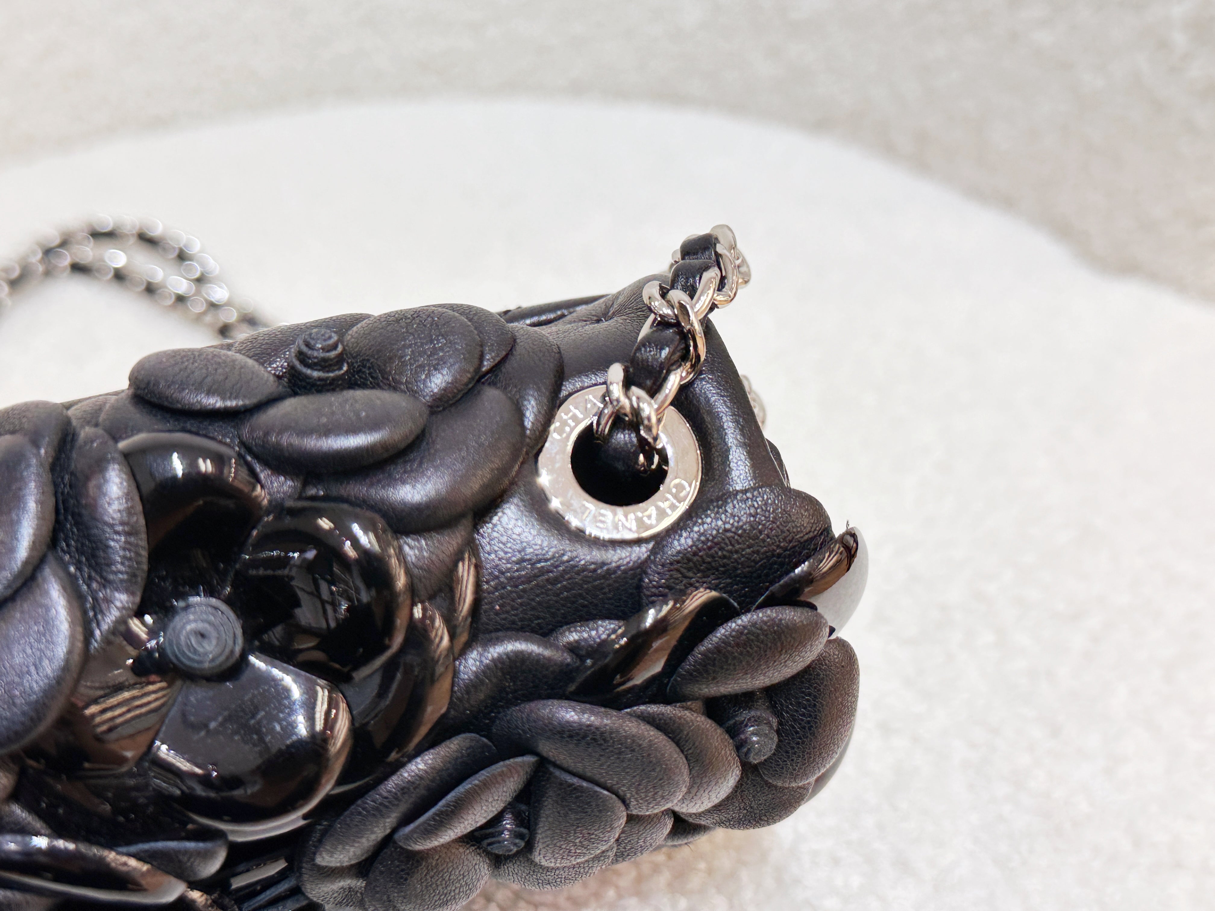 Chanel Mini Rectangular Camellia Flap Bag Black Lambskin and Patent Silver Hardware