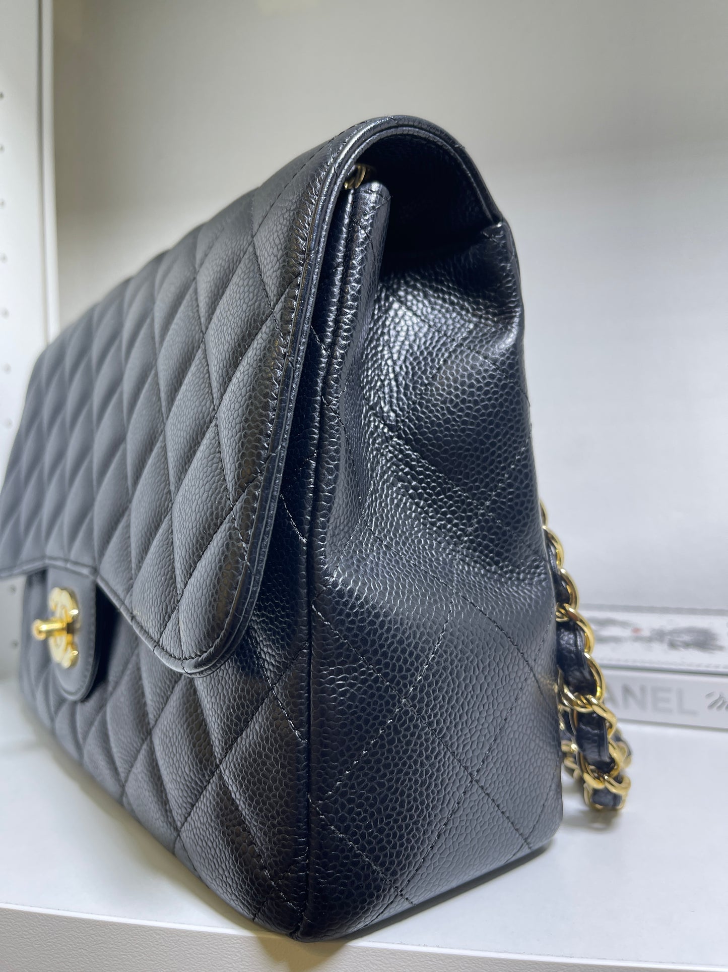 Chanel Vintage Jumbo Single Flap in Black Caviar with 24K Gold Hardware
