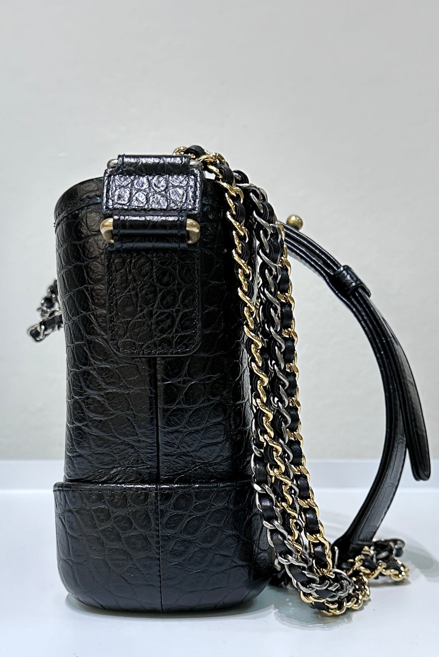 Chanel Small Gabrielle Hobo Bag Crocodile Embossed Calfskin Black