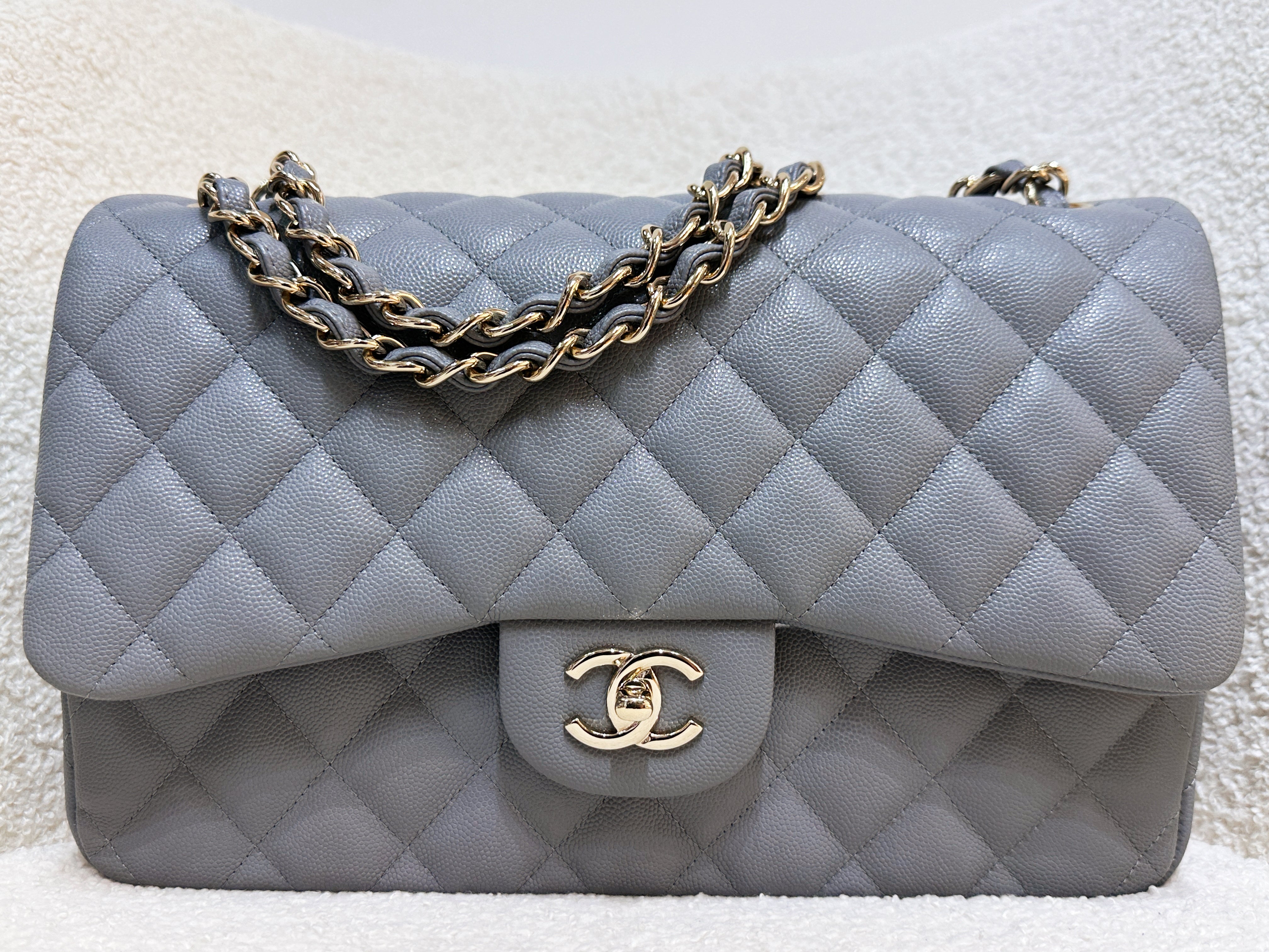 Chanel Jumbo Caviar Classic Quilted Double Flap Bag Light Grey LGHW 2910 holo card
