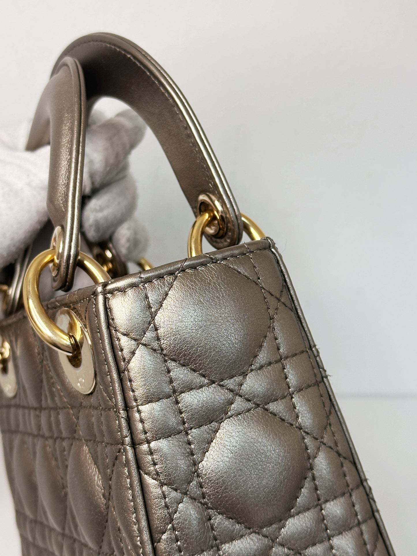 CHRISTIAN DIOR LADY MINI CALFSKIN CANNAGE BRONZE METALLIC GOLDEN HARDWARE CHAIN STRAP