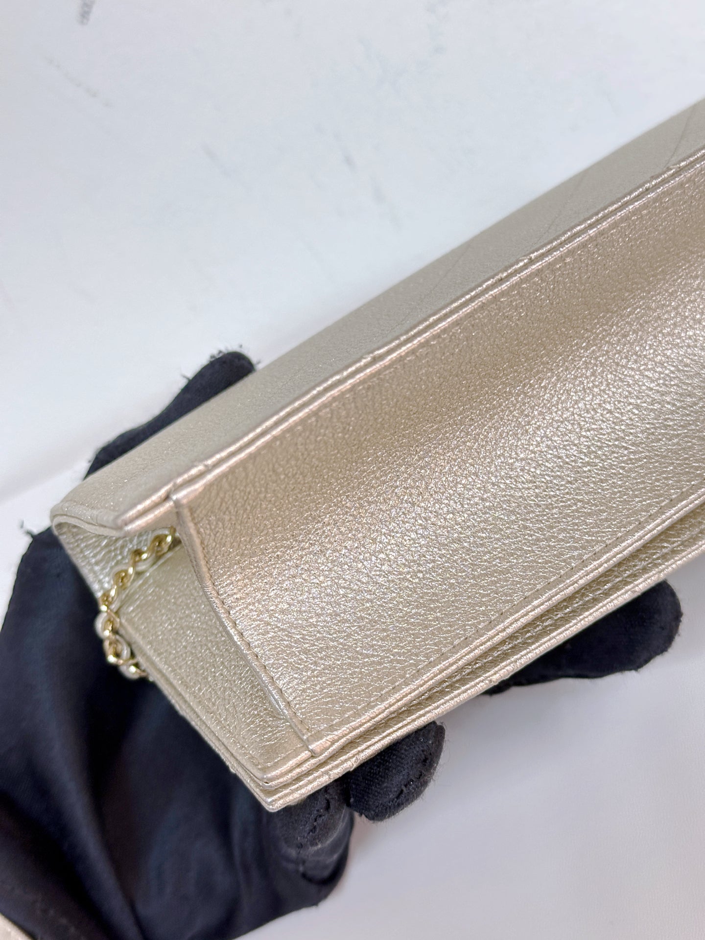 Gold Camellia Embellished Chain Clutch GHW 2728 holo card