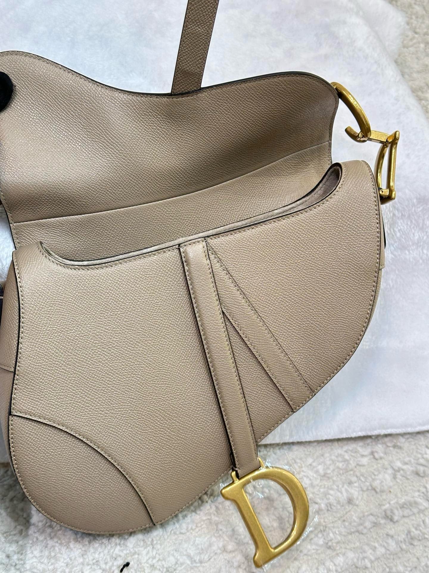 Christian Dior Small Calfskin Saddle Bag Taupe GHW