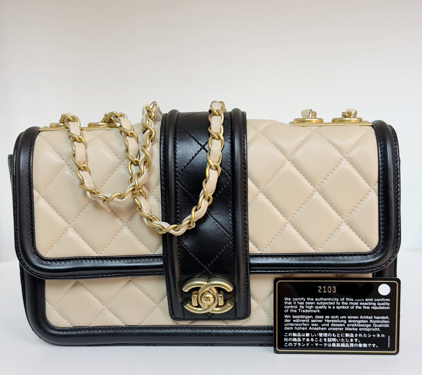 Chanel Medium Lambskin Quilted Elegant CC Flap Beige Black GHW