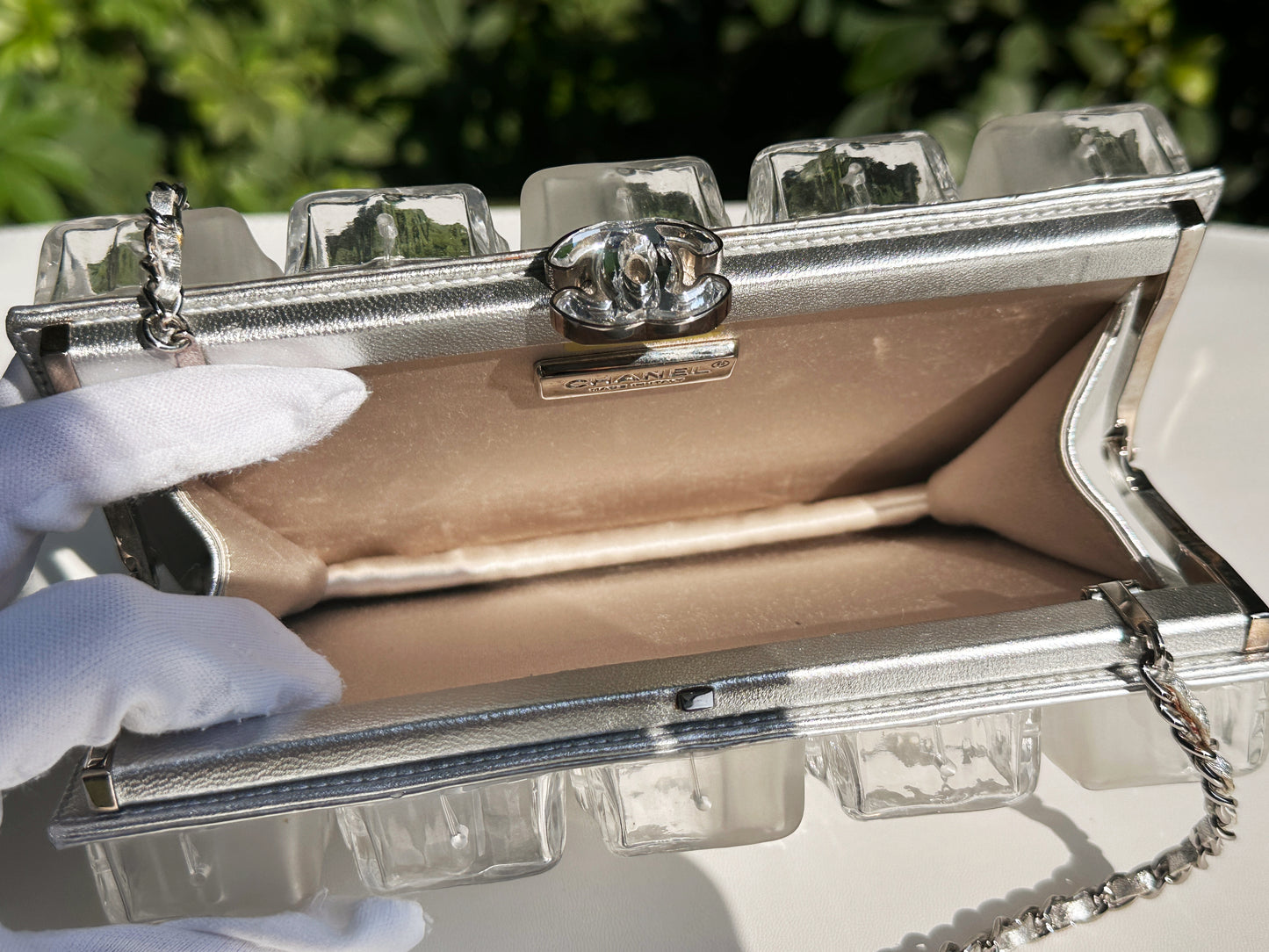 Chanel Silver Metallic Lambskin and Clear Acrylic Ice Cube Bag Silver Hardware 1426 holo card