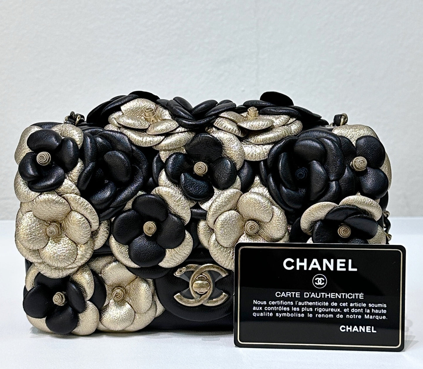 Chanel Mini Metallic Lambskin Quilted Camellia Flap  Bag Black Gold