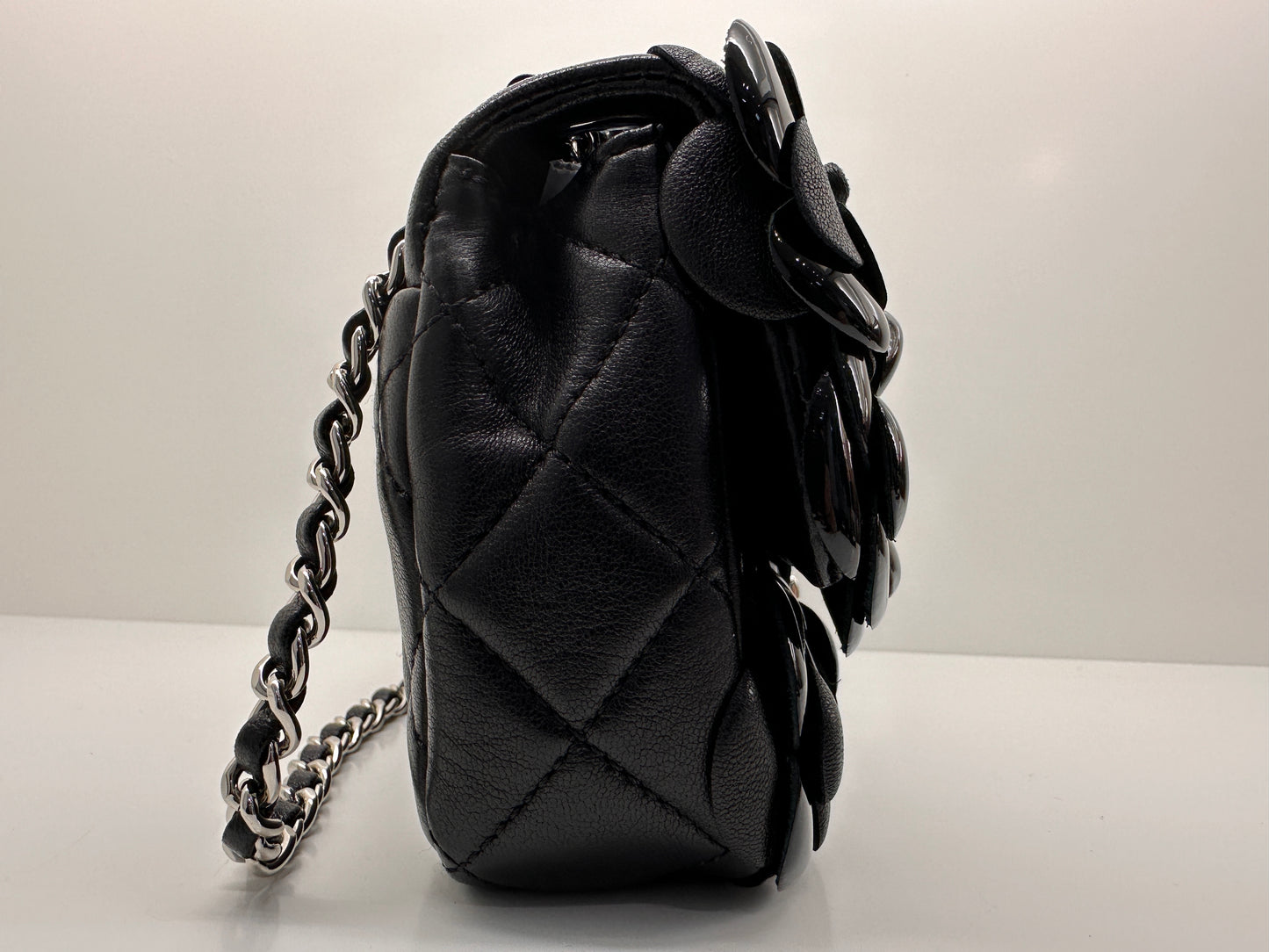 CHANEL Lambskin Patent Mini Camellia Flap Black