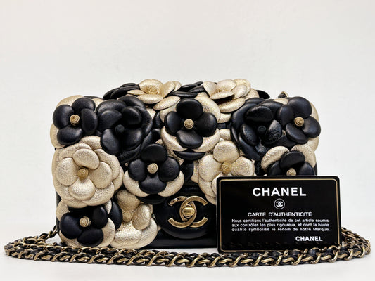 Chanel Mini Metallic Lambskin Quilted Camellia Flap Bag Black Gold 2479 holo card